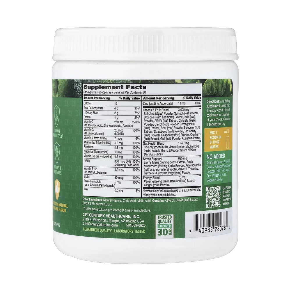 21st Century, Daily Greens Superfoods Powder, Lemon Lime, 7.4 oz (210 g)