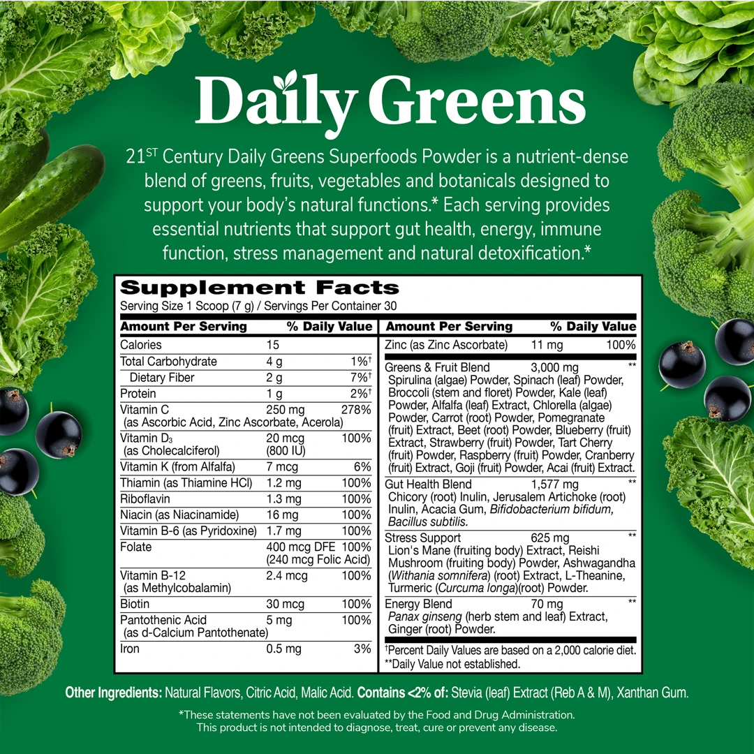 21st Century, Daily Greens Superfoods Powder, Lemon Lime, 7.4 oz (210 g)