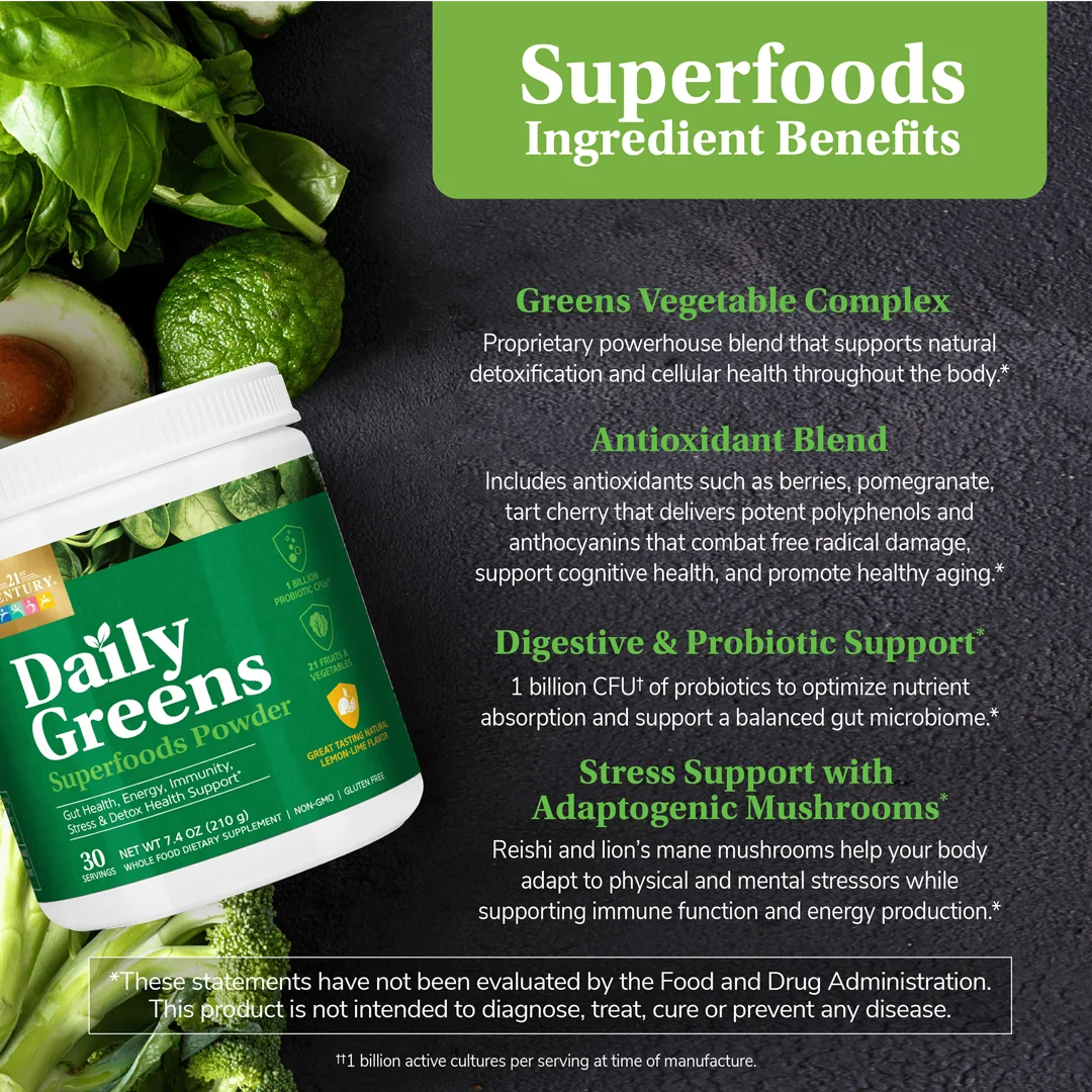 21st Century, Daily Greens Superfoods Powder, Lemon Lime, 7.4 oz (210 g)