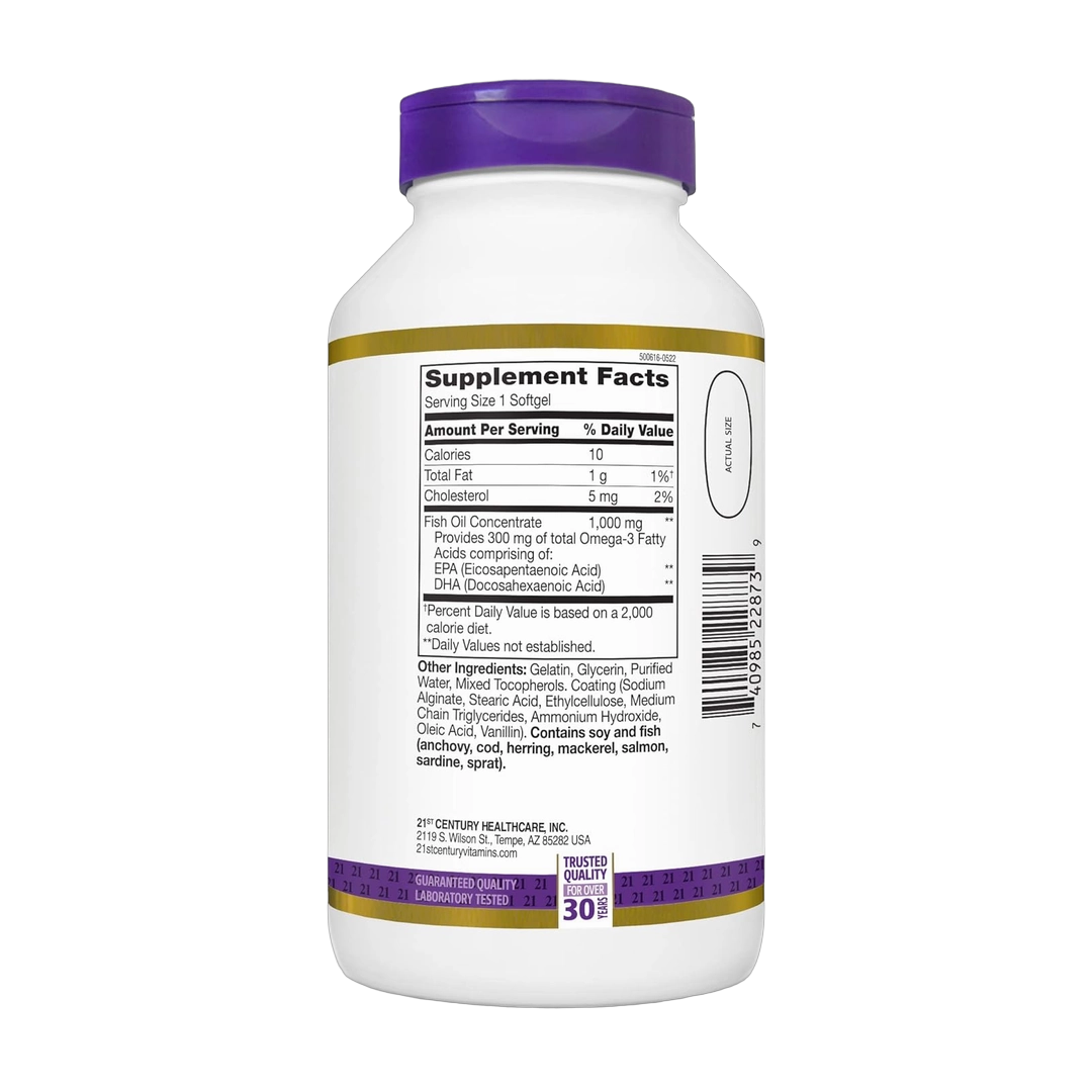 21st Century, Fish Oil, 1000 Mg, Enteric Coated, 180 Softgels