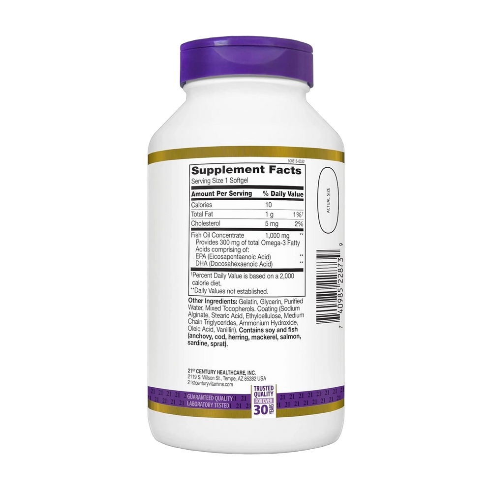 21st Century, Fish Oil, 1000 Mg, Enteric Coated, 180 Softgels