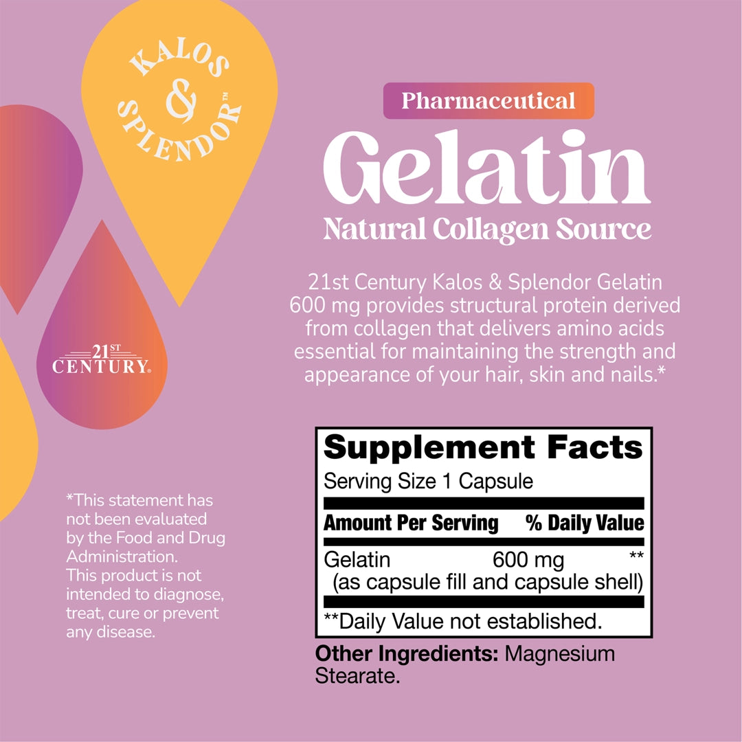 21st Century, Gelatin, 600 mg, 100 Capsules
