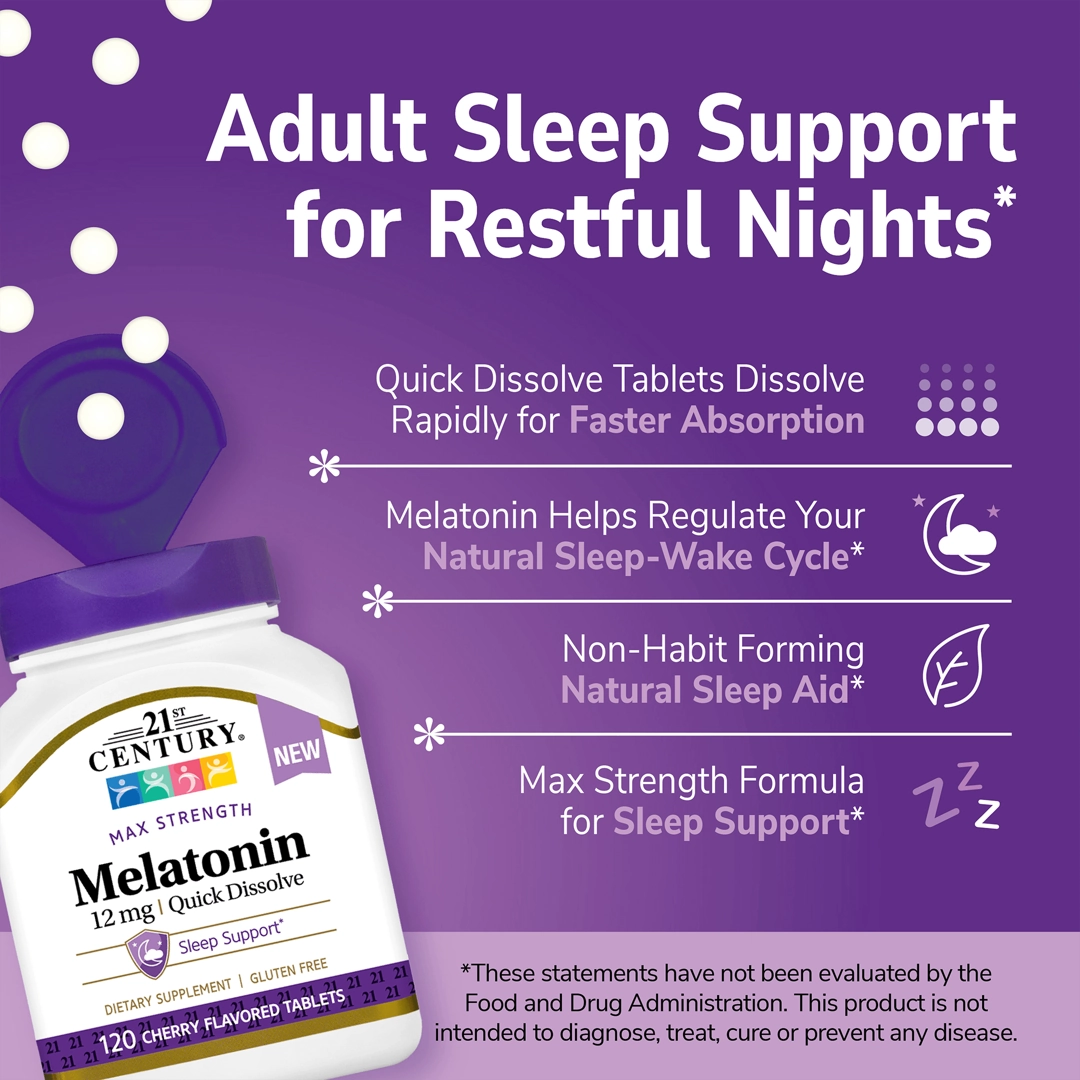 21st Century, Melatonin, Max Strength, Cherry, 12 mg, 120 Tablets