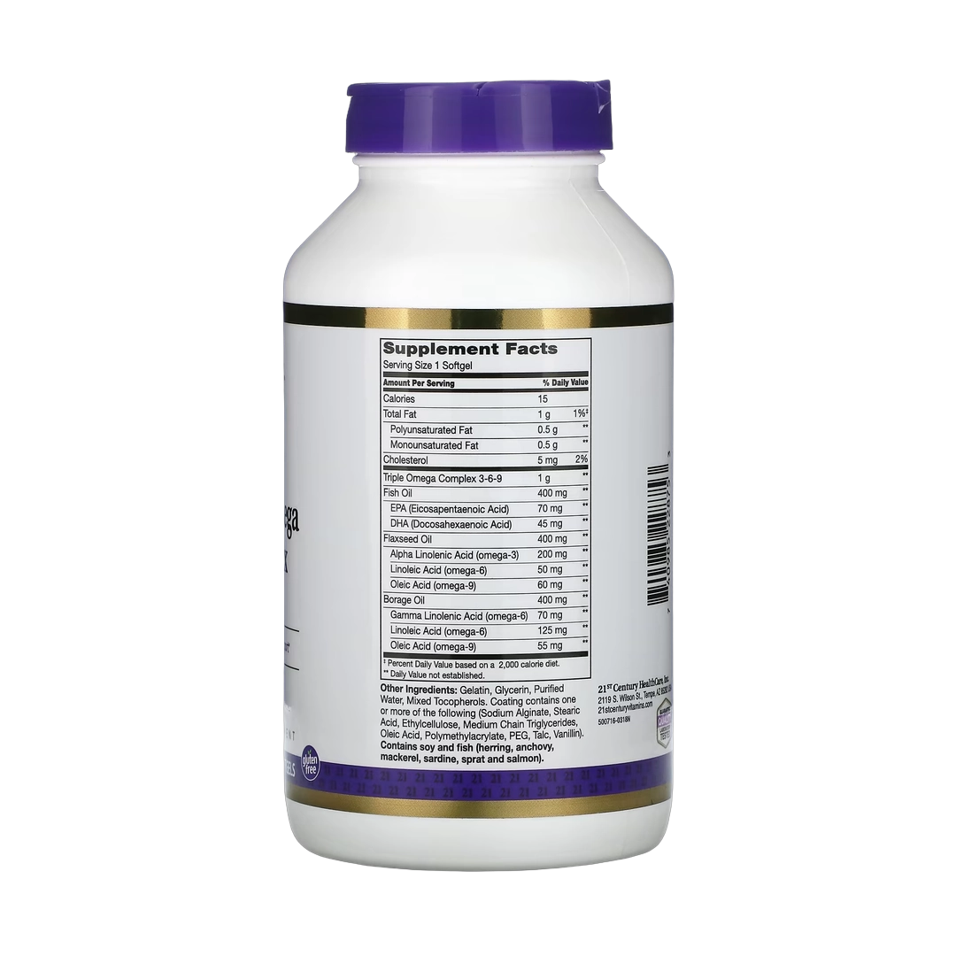 21st Century, Triple Omega Complex 3-6-9, 180 Enteric Coated Softgels