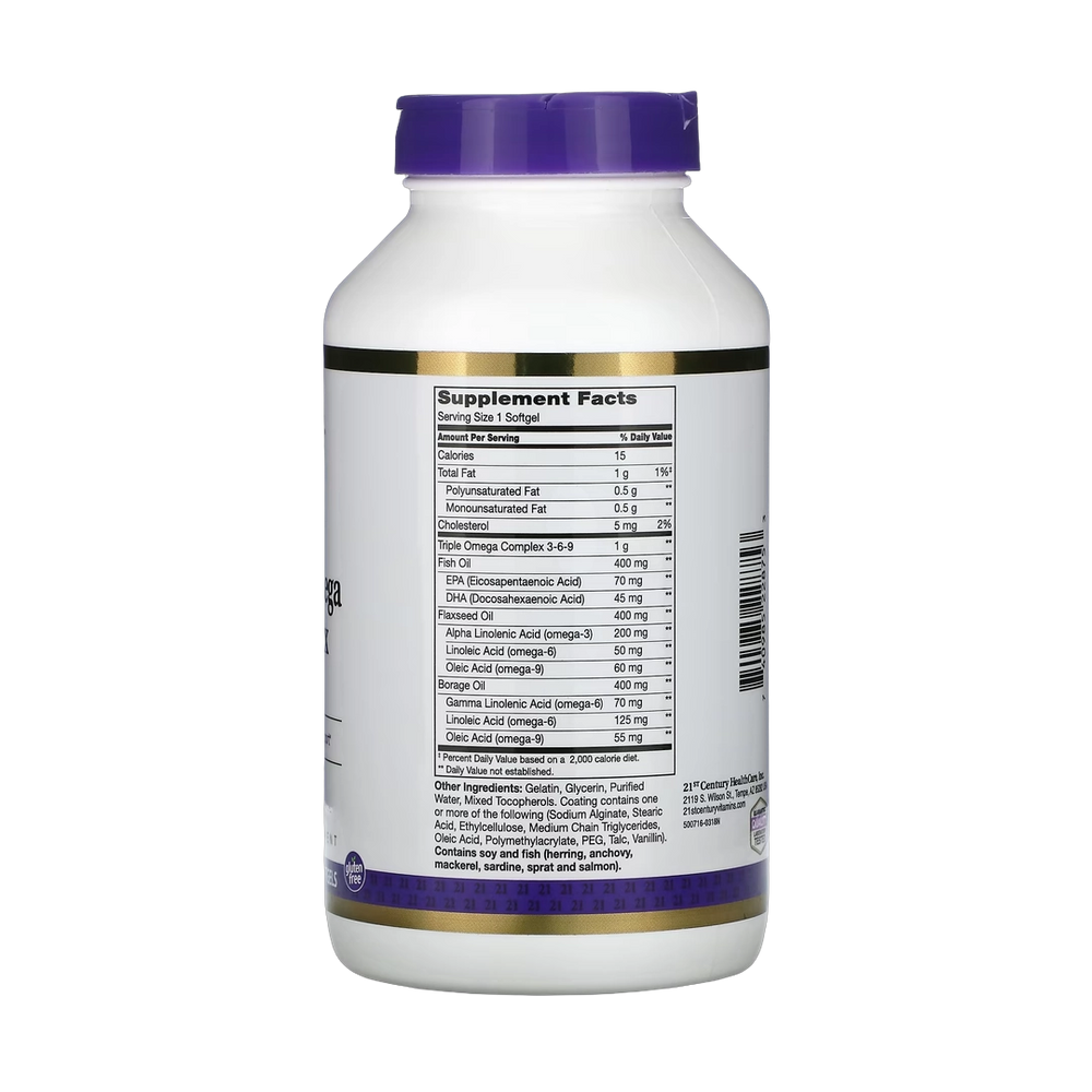 21st Century, Triple Omega Complex 3-6-9, 180 Enteric Coated Softgels
