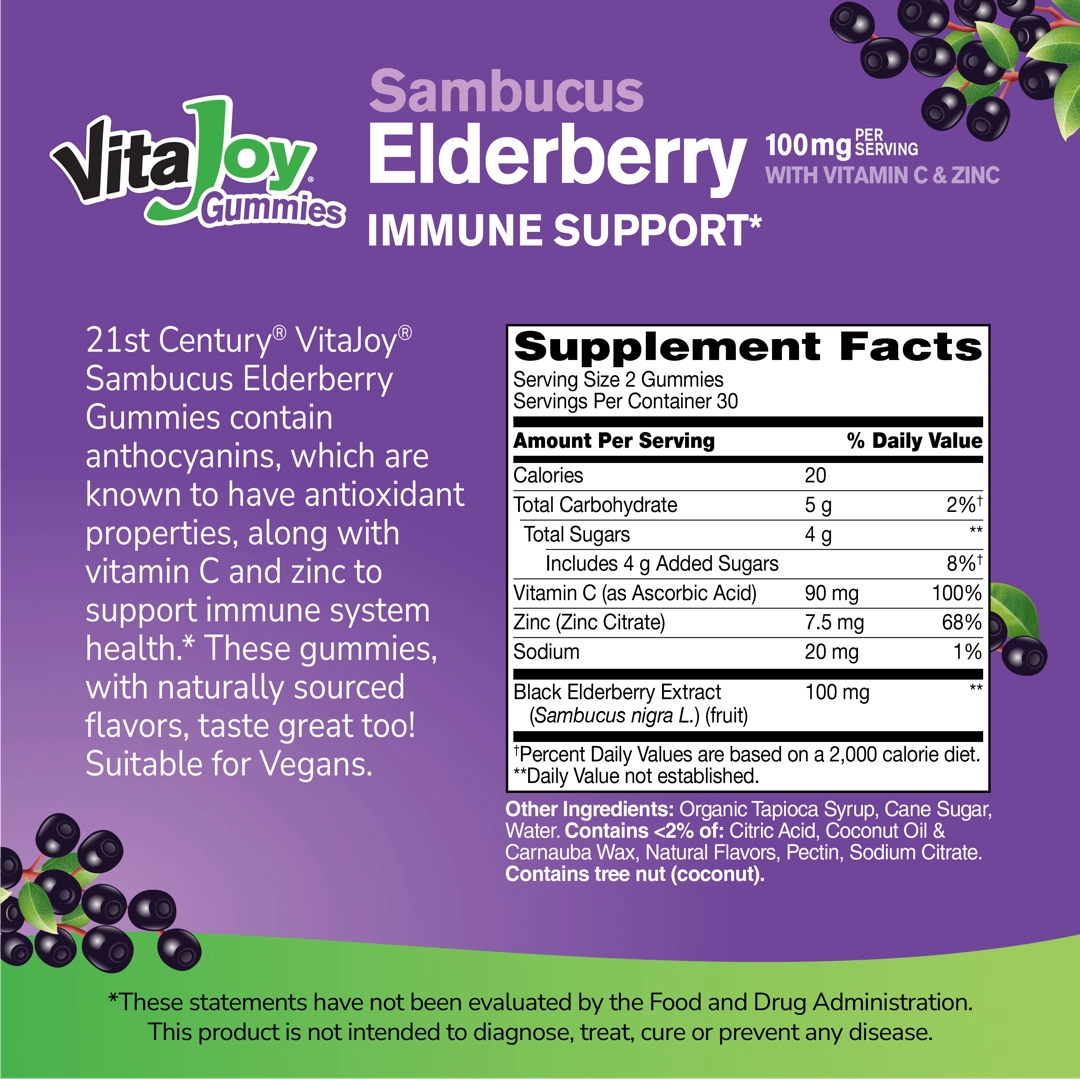 21st Century, VitaJoy® Sambucus Elderberry With Vitamin C & Zinc Gummies, Berry, 60 Gummies