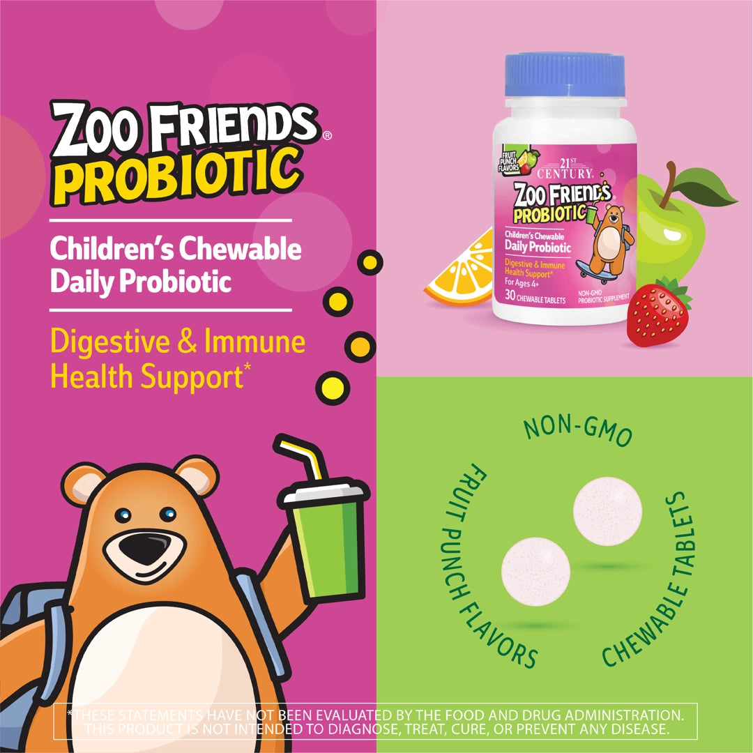 21st Century, Zoo Friends, Children's Chewable Probiotic, Age 4+, Fruit Punch, 30 Chewable Tablets