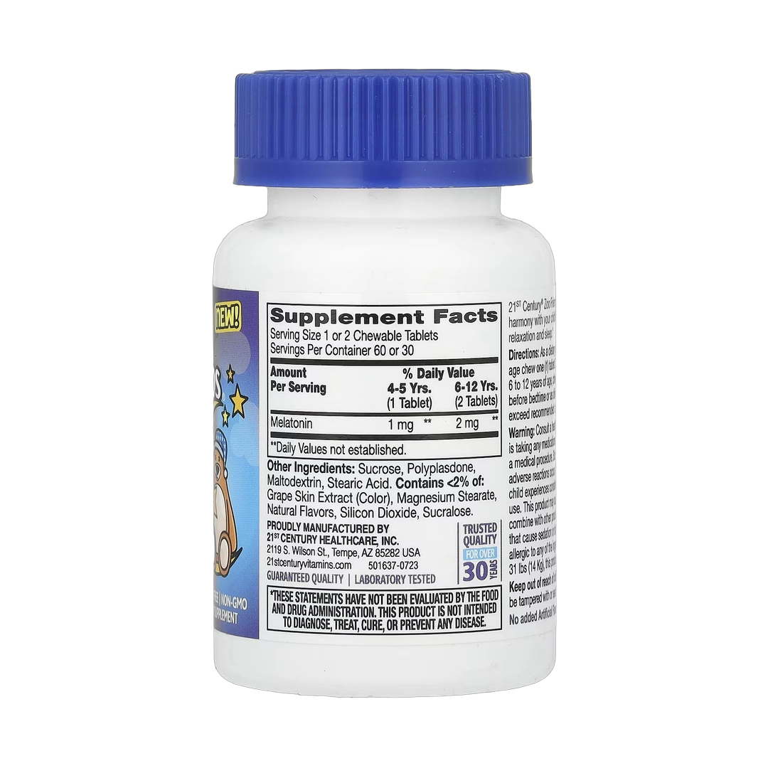 21st Century, Zoo Friends Sleep, Children's Chewable Melatonin, Ages 4+, Raspberry, 60 Chewable Tablets