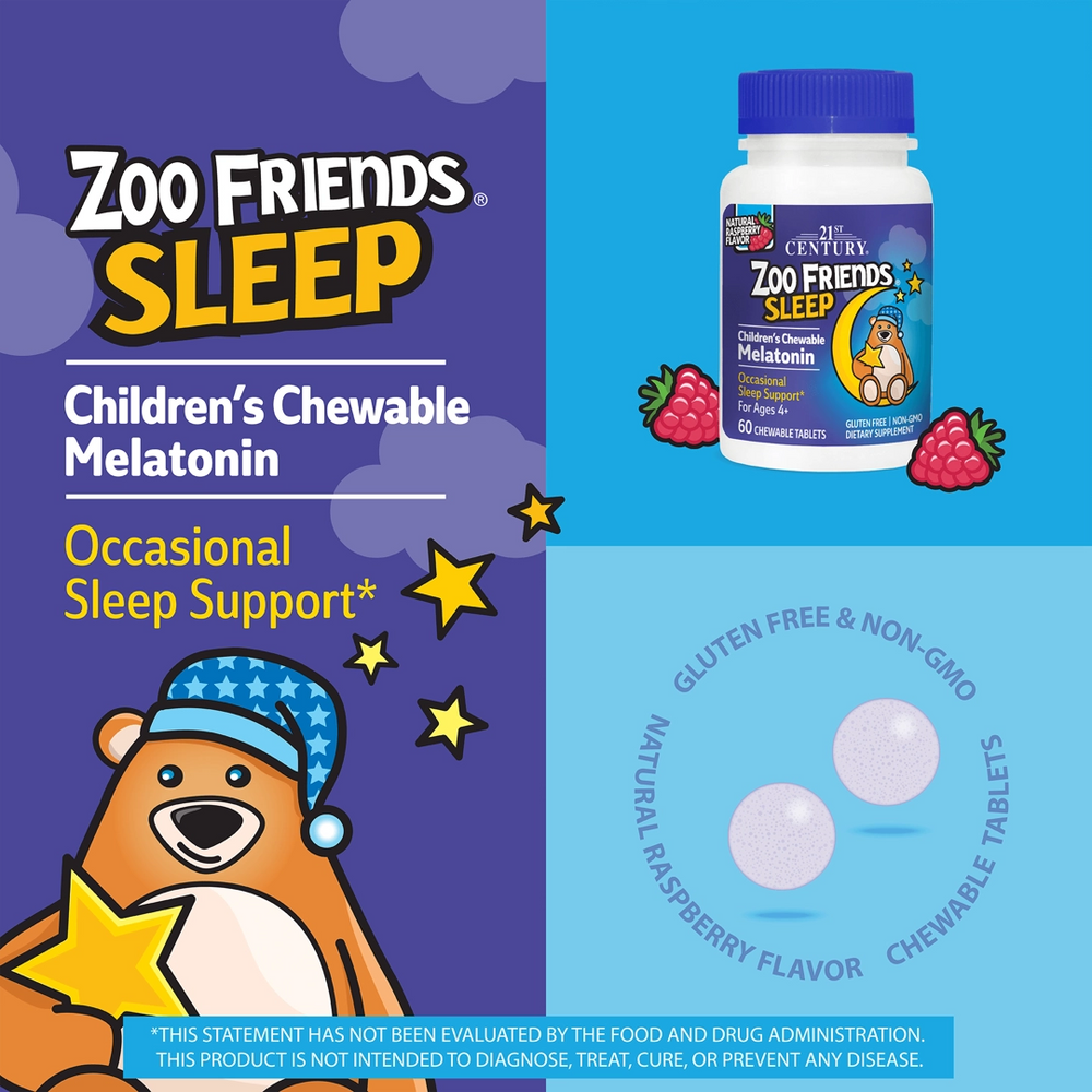 21st Century, Zoo Friends Sleep, Children's Chewable Melatonin, Ages 4+, Raspberry, 60 Chewable Tablets
