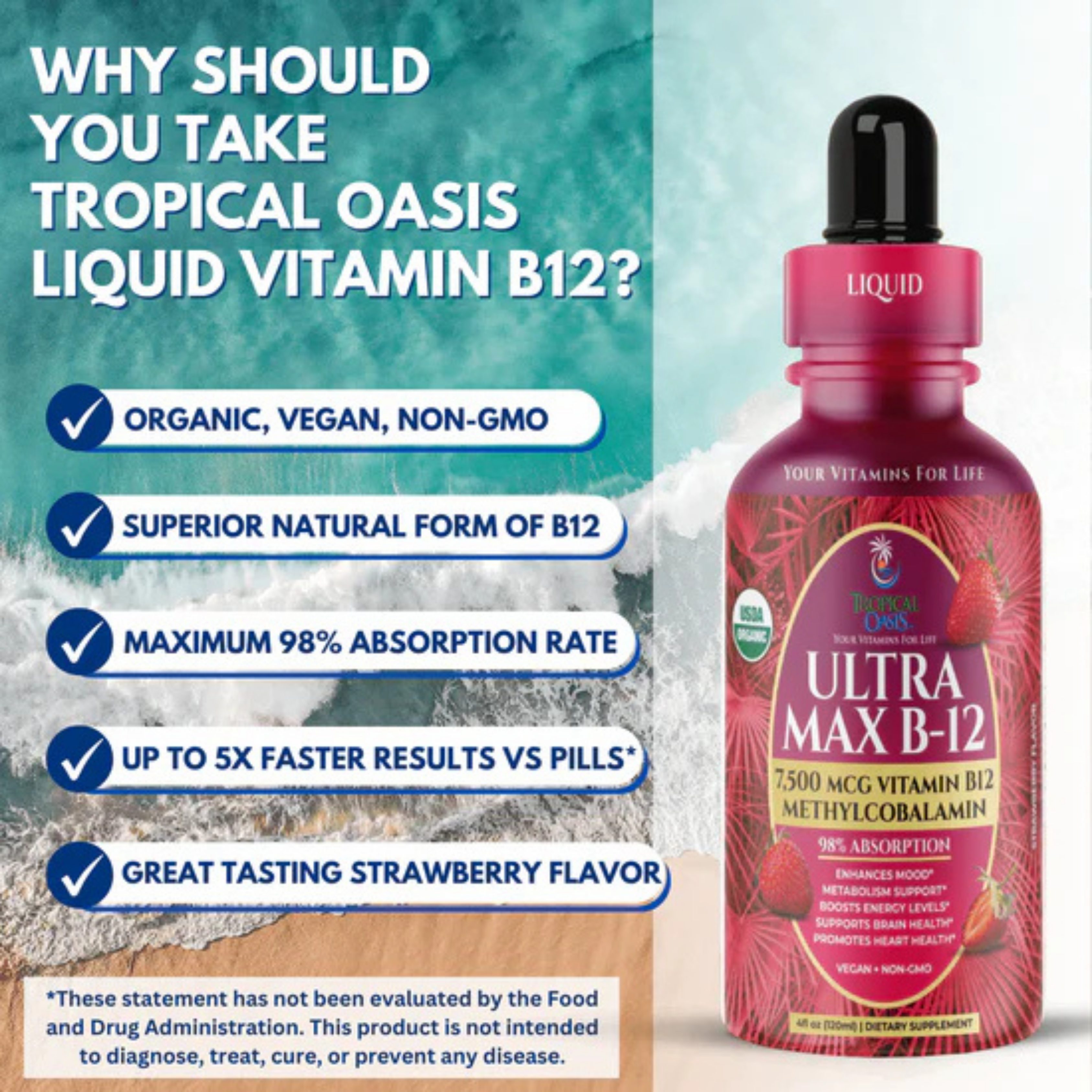 Tropical Oasis, Liquid Drops, Ultra Max B12, 7500 mcg, 4 fl oz, 120 ml