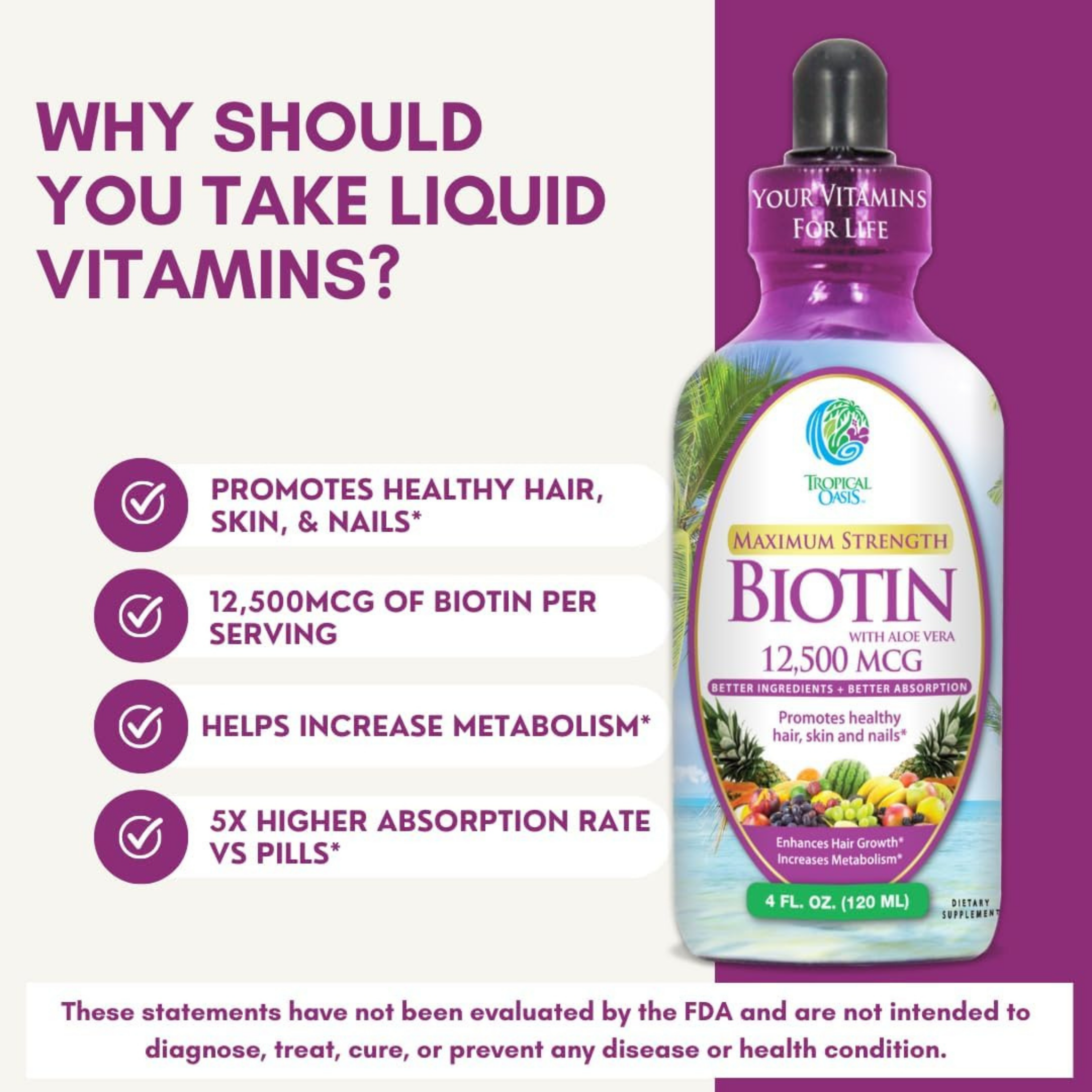 Tropical Oasis, Biotin, Maximum Strength, with Aloe Vera, 12, 500 mcg, 4 fl oz, 120 ml