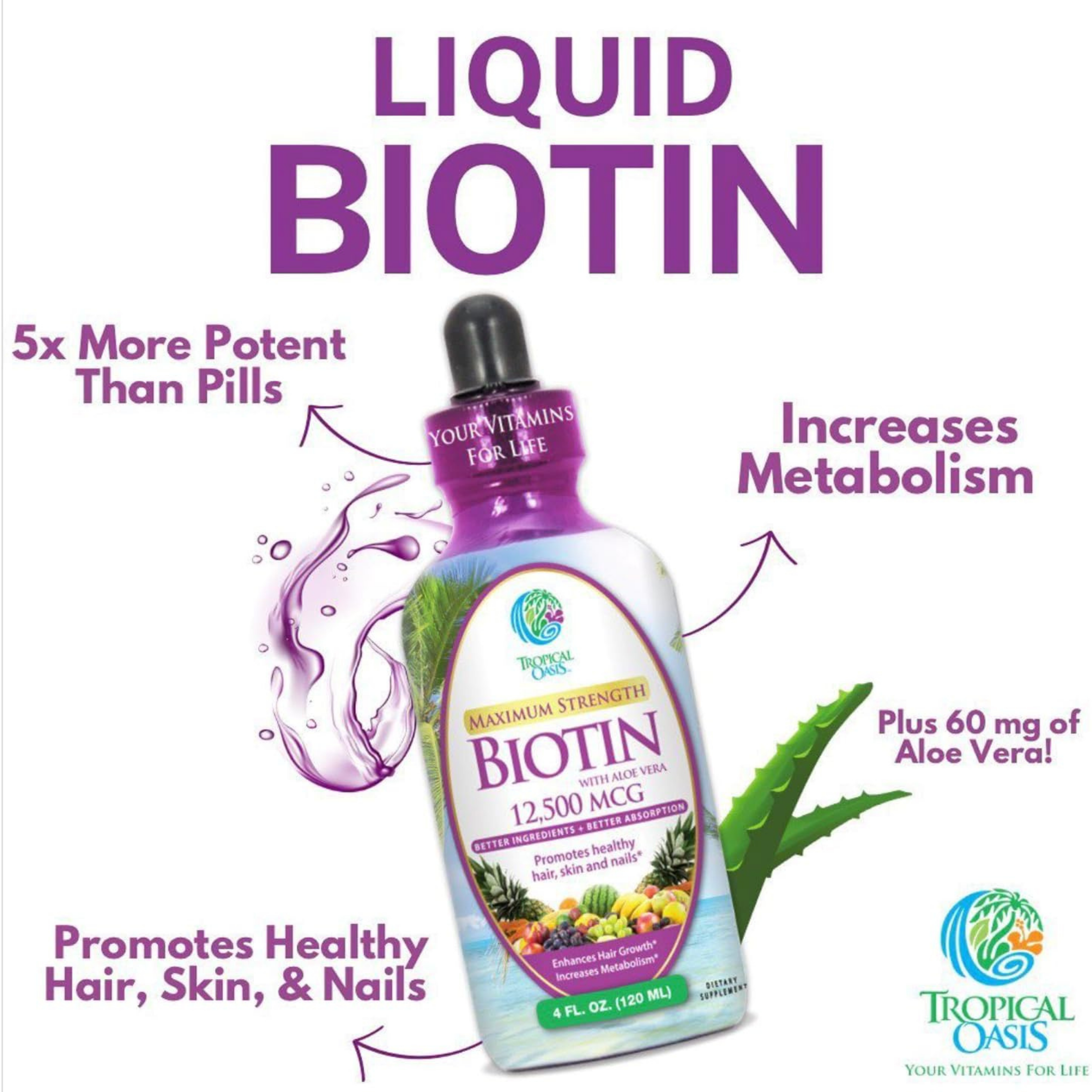 Tropical Oasis, Biotin, Maximum Strength, with Aloe Vera, 12, 500 mcg, 4 fl oz, 120 ml