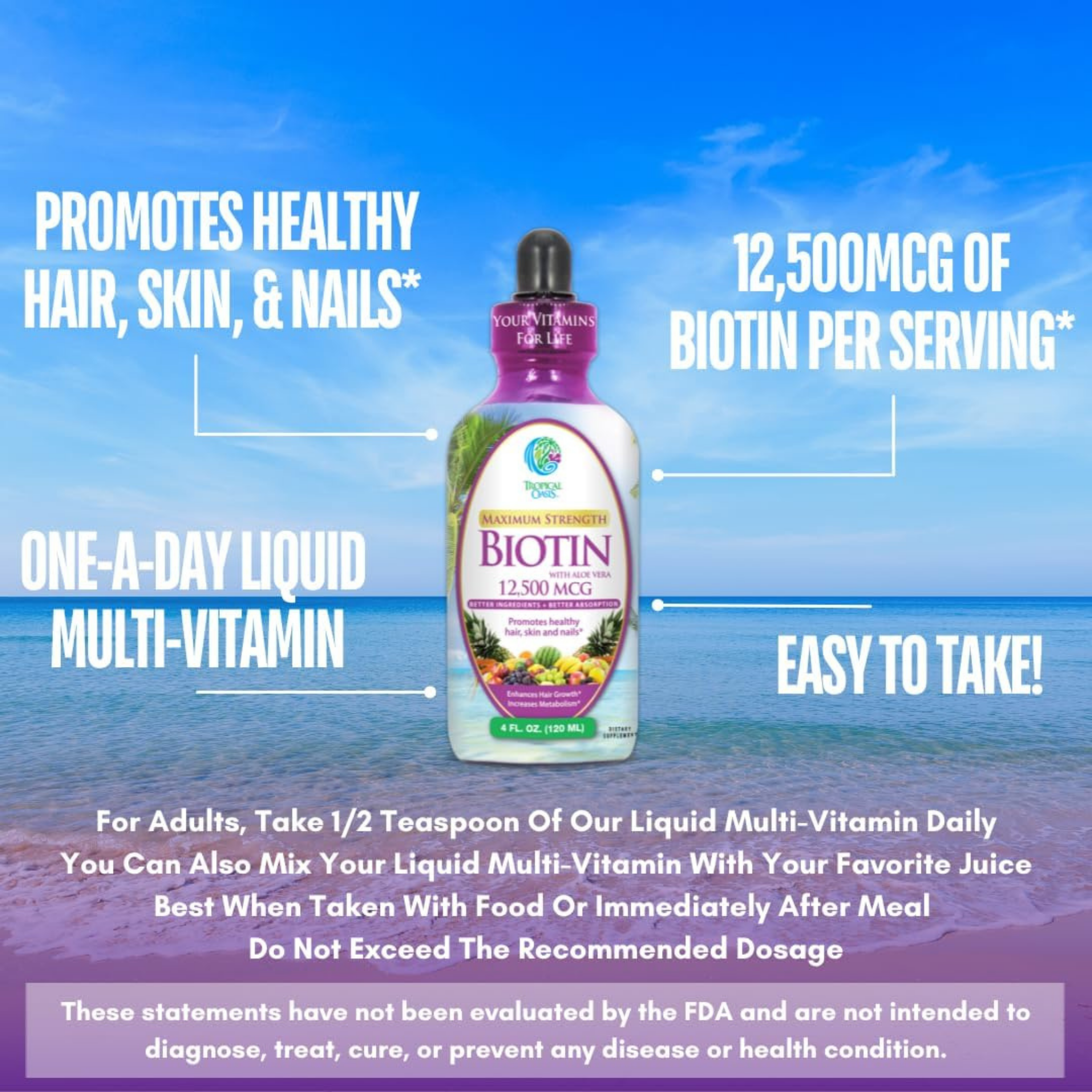 Tropical Oasis, Biotin, Maximum Strength, with Aloe Vera, 12, 500 mcg, 4 fl oz, 120 ml