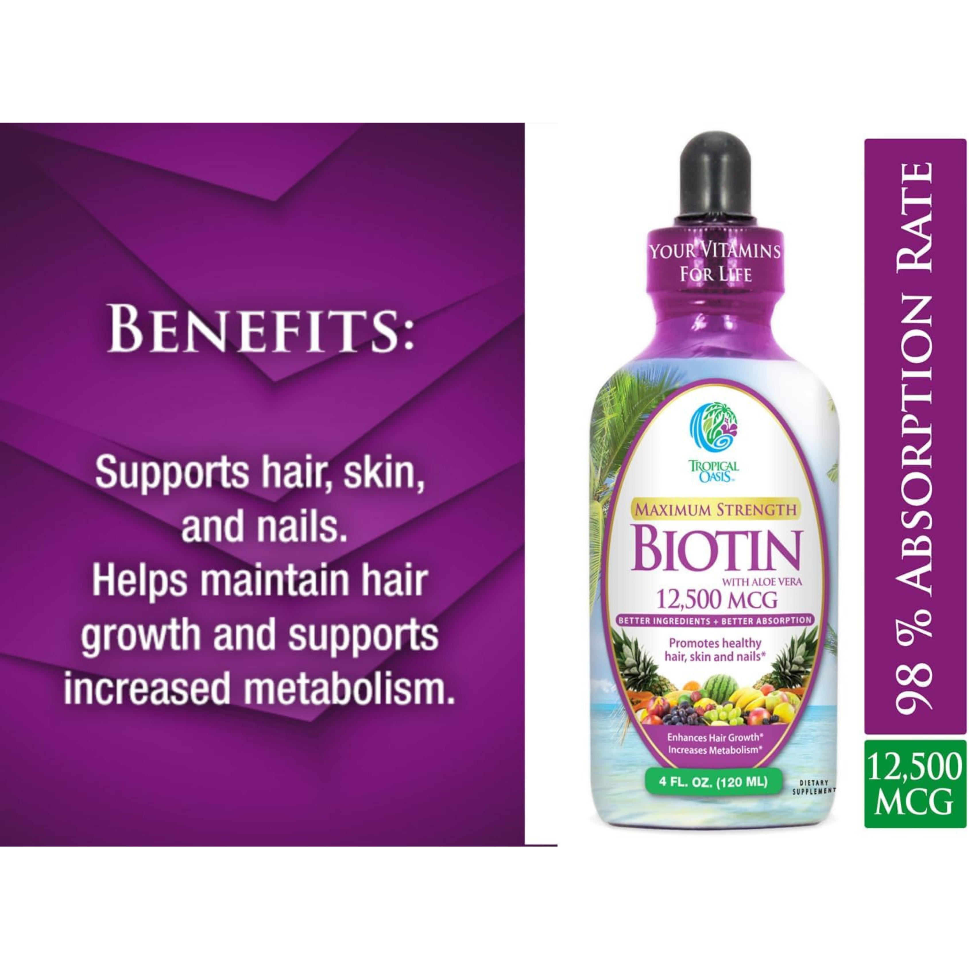 Tropical Oasis, Biotin, Maximum Strength, with Aloe Vera, 12, 500 mcg, 4 fl oz, 120 ml