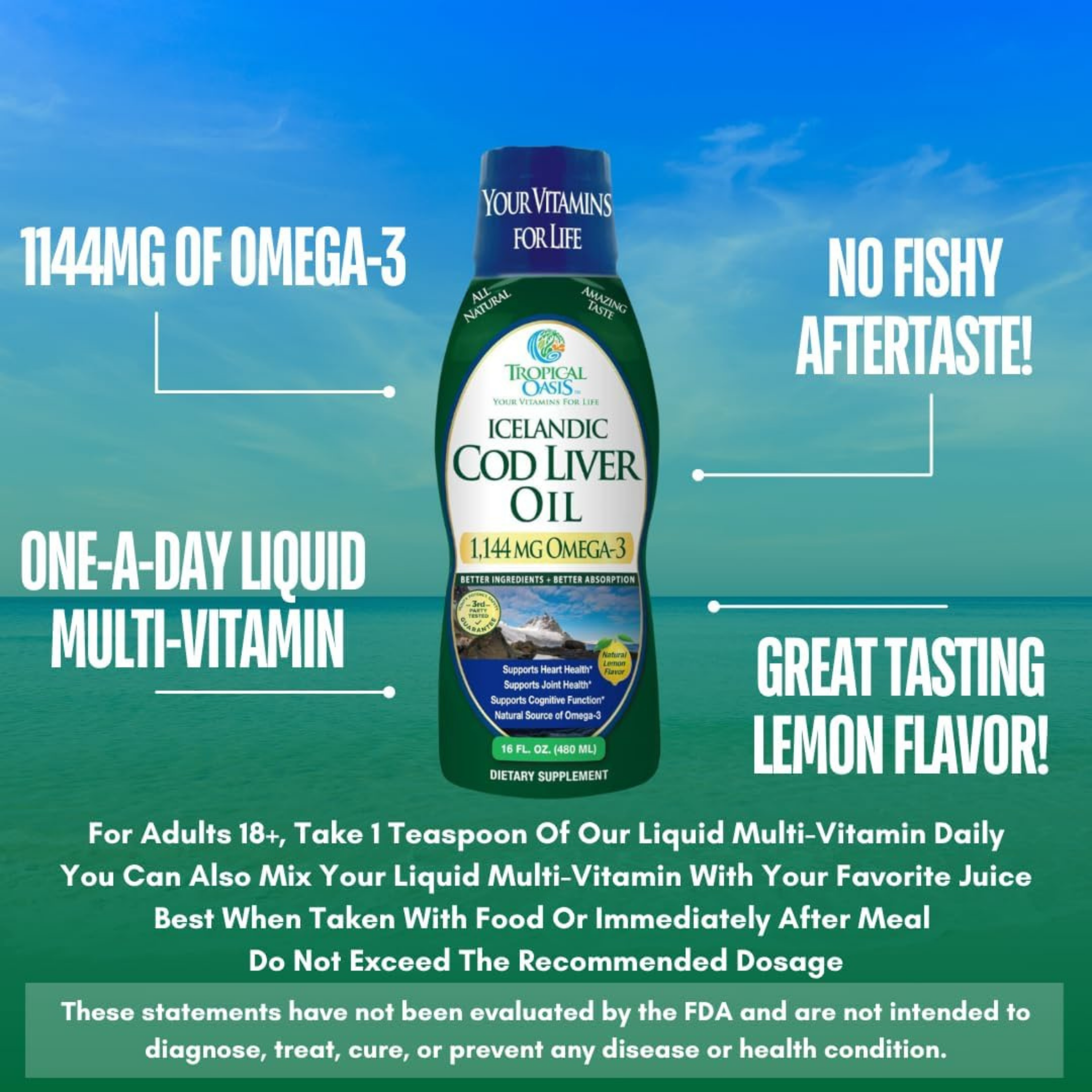 Tropical Oasis, Icelandic Cod Liver Oil, 1144 Mg Omega-3, 16 fl oz, 480 ml