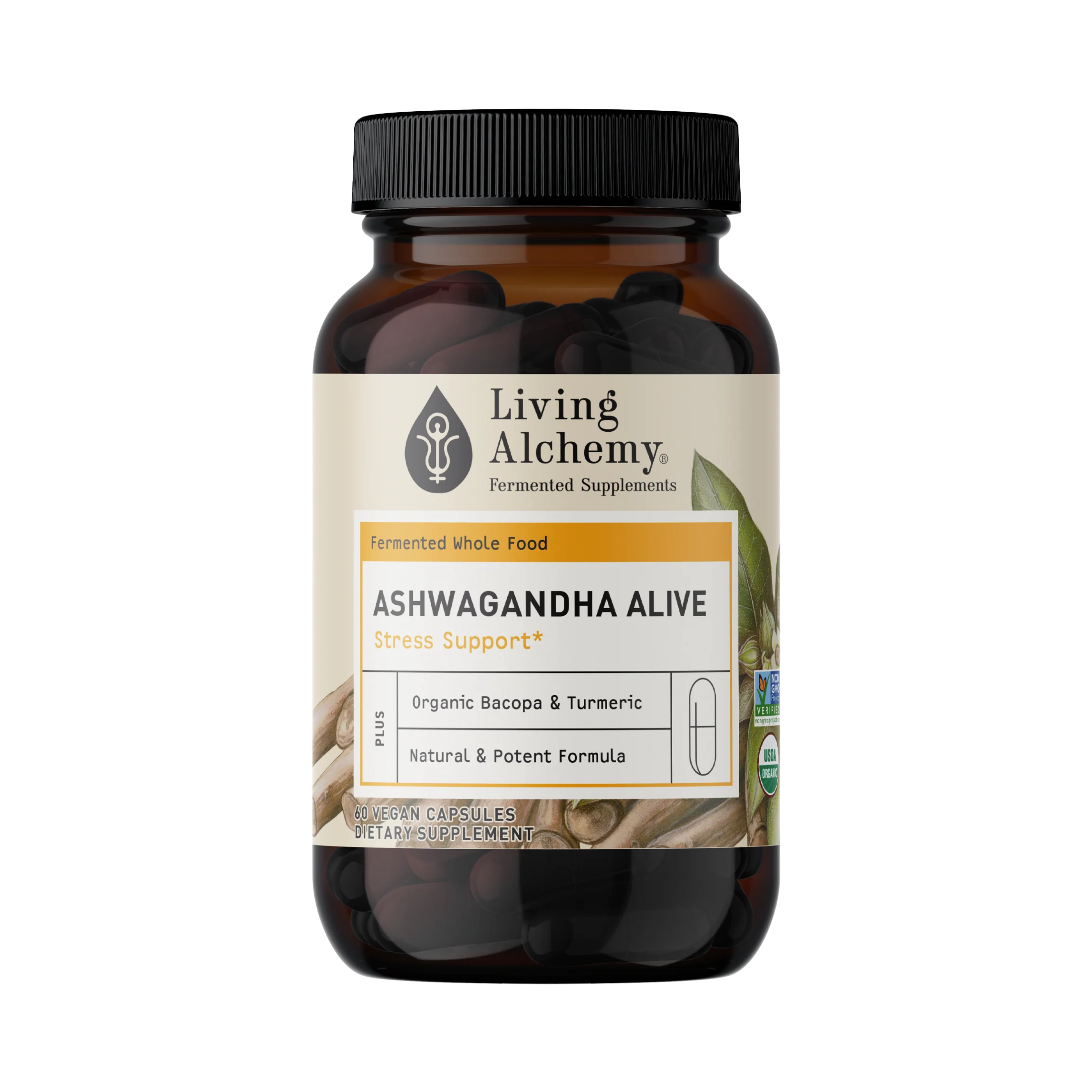 Living Alchemy, Whole Food Fermented, Ashwagandha Alive, Stress Support, 60 Capsules