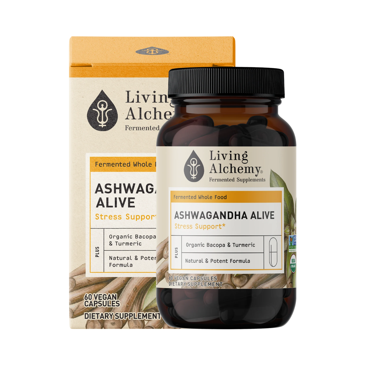 Living Alchemy, Whole Food Fermented, Ashwagandha Alive, Stress Support, 60 Capsules