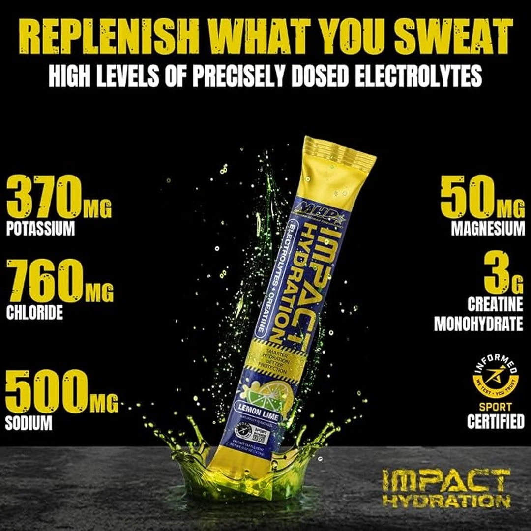 MHP, Impact Hydration, Electrolytes + Creatine, Lemon Lime , 14 Stick Packs, 0.52 oz