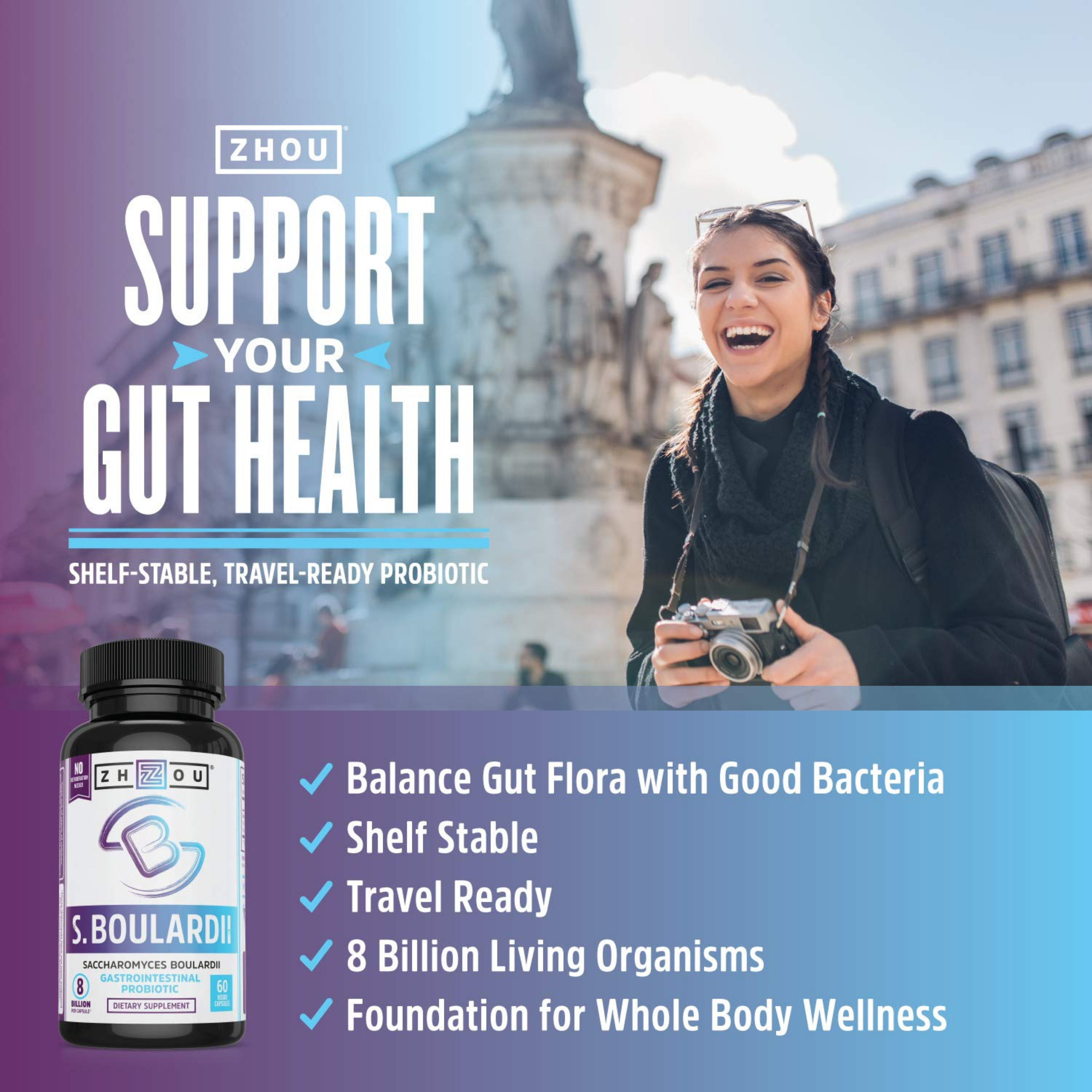 Zhou, S. Boulardii, Saccharomyces Boulardii, Gastrointestinal  Probiotic,  60 Veggie Capsules