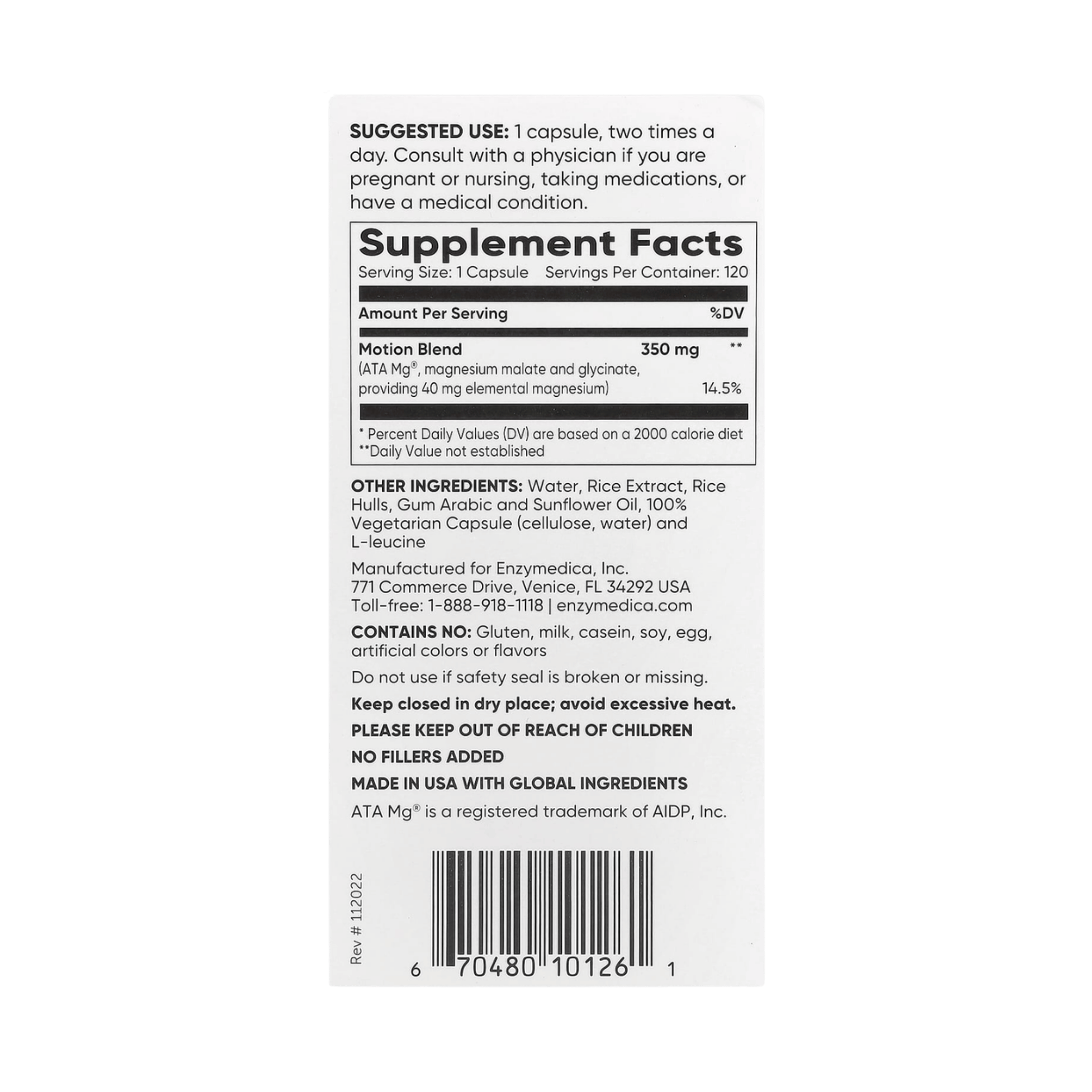 Enzymedica, Magnesium Motion, 120 Capsules