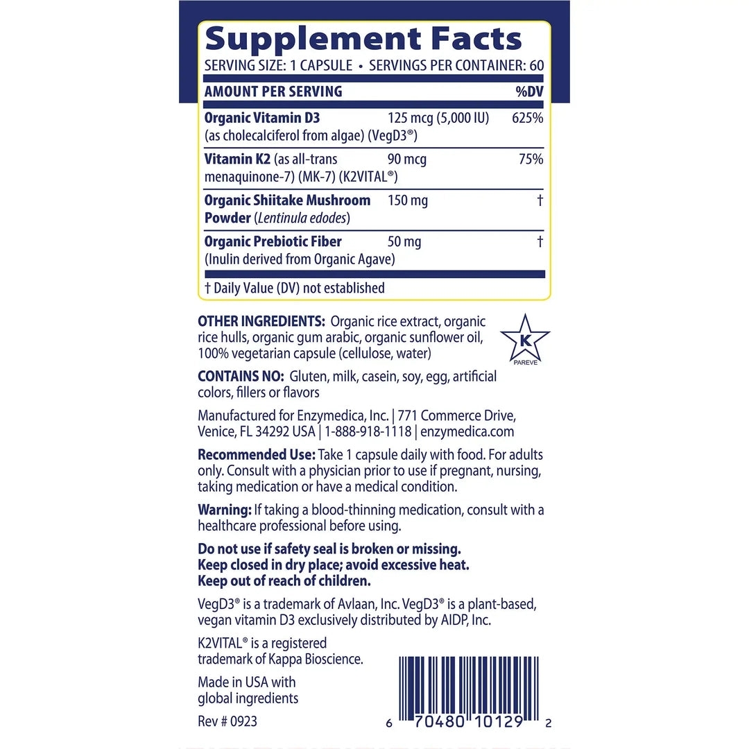 Enzymedica, Vitamin D3 + Vitamin K2, 60 Capsules