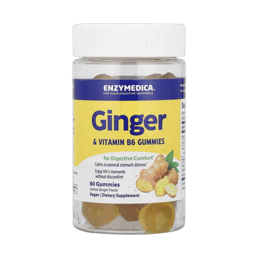 Enzymedica, Ginger & Vitamin B6 Gummies, Lemon Ginger, 60 Gummies