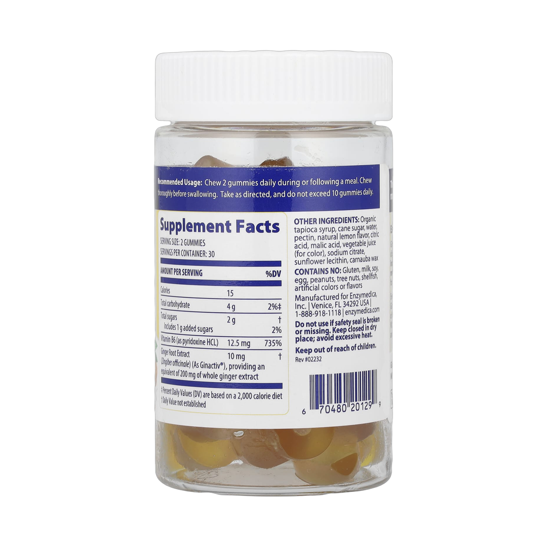 Enzymedica, Ginger & Vitamin B6 Gummies, Lemon Ginger, 60 Gummies