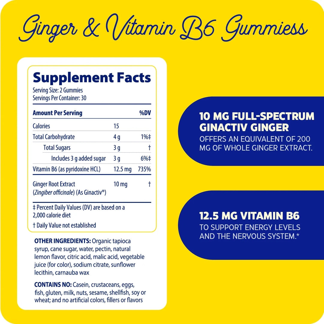 Enzymedica, Ginger & Vitamin B6 Gummies, Lemon Ginger, 60 Gummies