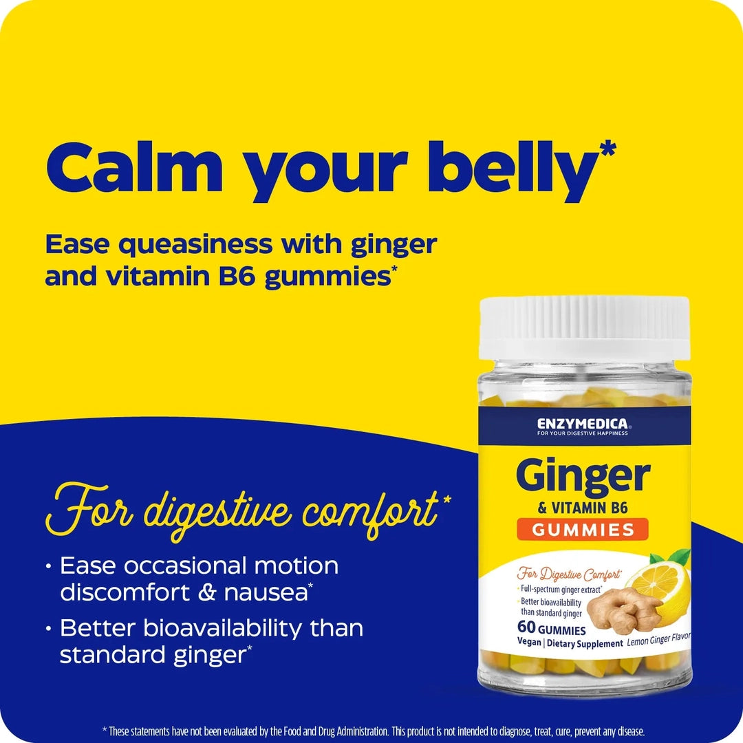 Enzymedica, Ginger & Vitamin B6 Gummies, Lemon Ginger, 60 Gummies