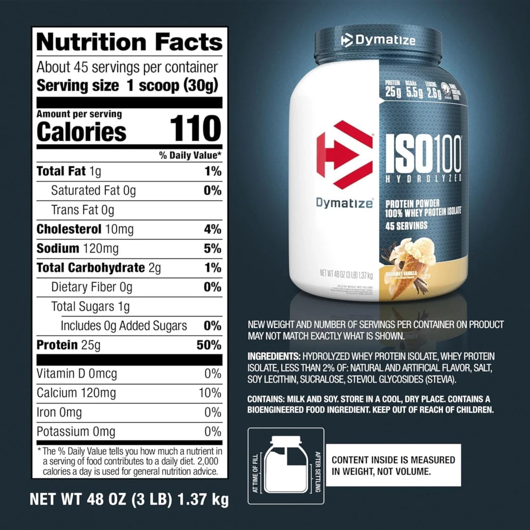 Dymatize, ISO100® Hydrolyzed, 100% Whey Protein Isolate, Gourmet Vanilla, 3 lb (1.37 kg)