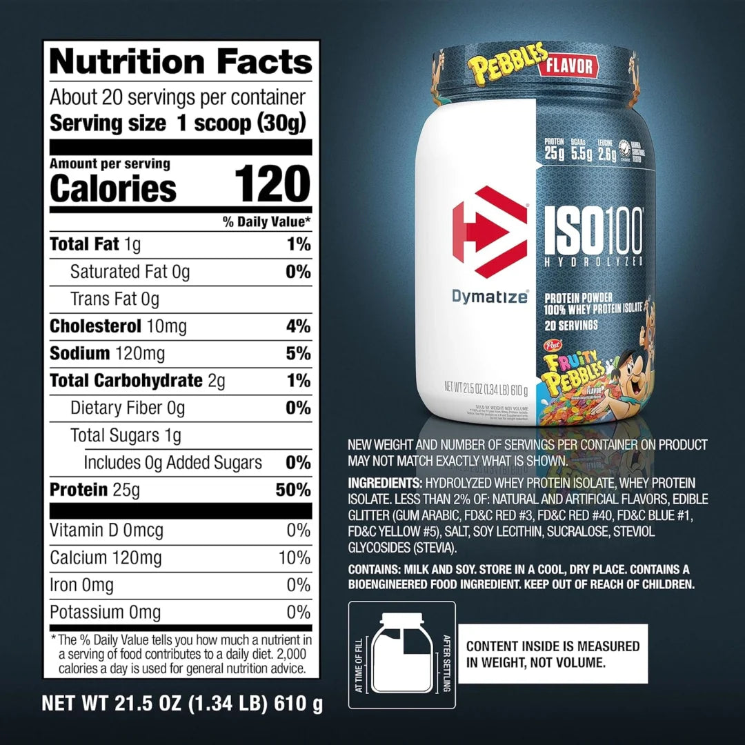 Dymatize, ISO100® Hydrolyzed, 100% Whey Protein Isolate, Fruity Pebbles, 1.34 lbs (610 g)