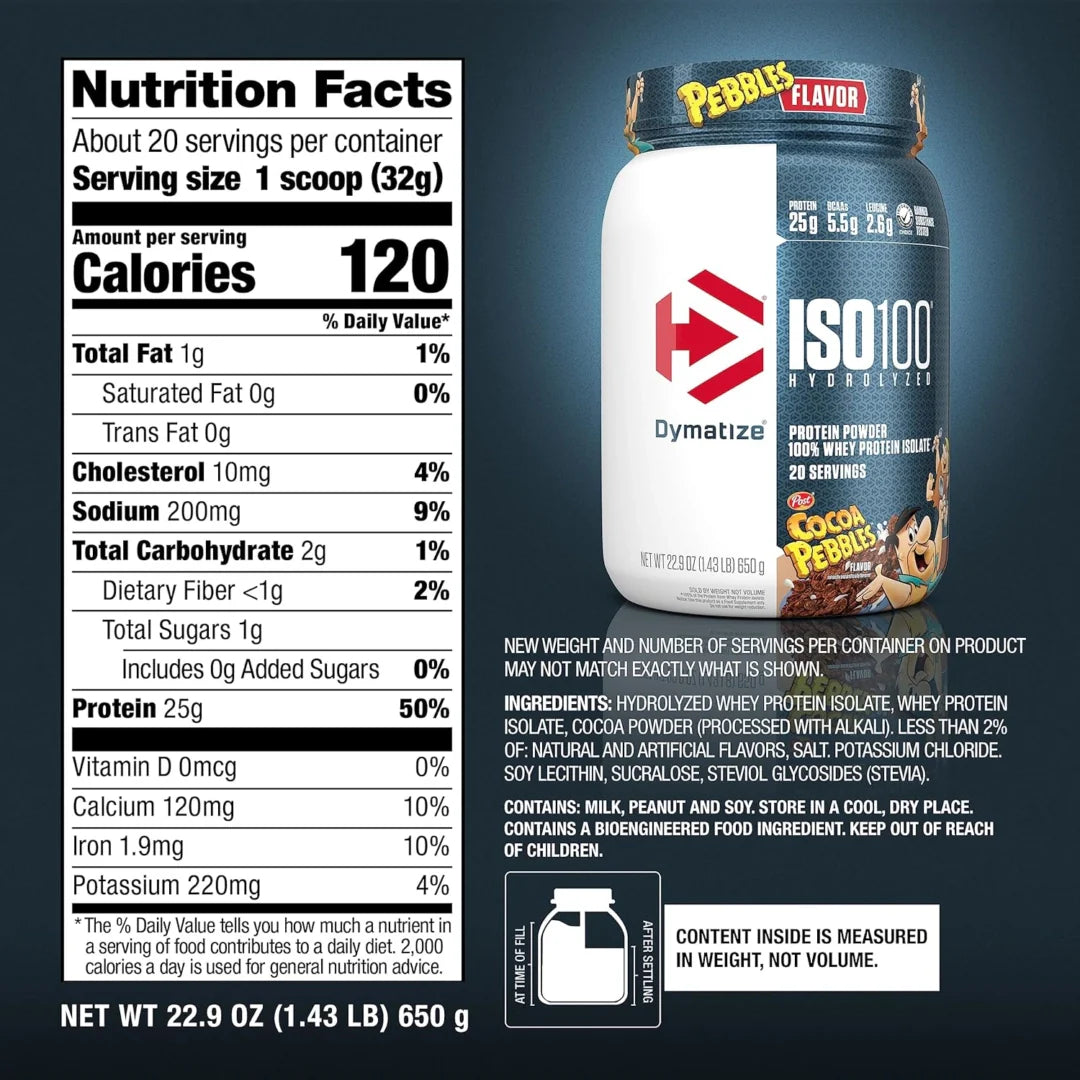 Dymatize, ISO100® Hydrolyzed, 100% Whey Protein Isolate, Cocoa Pebbles, 1.43 lb (650 g)