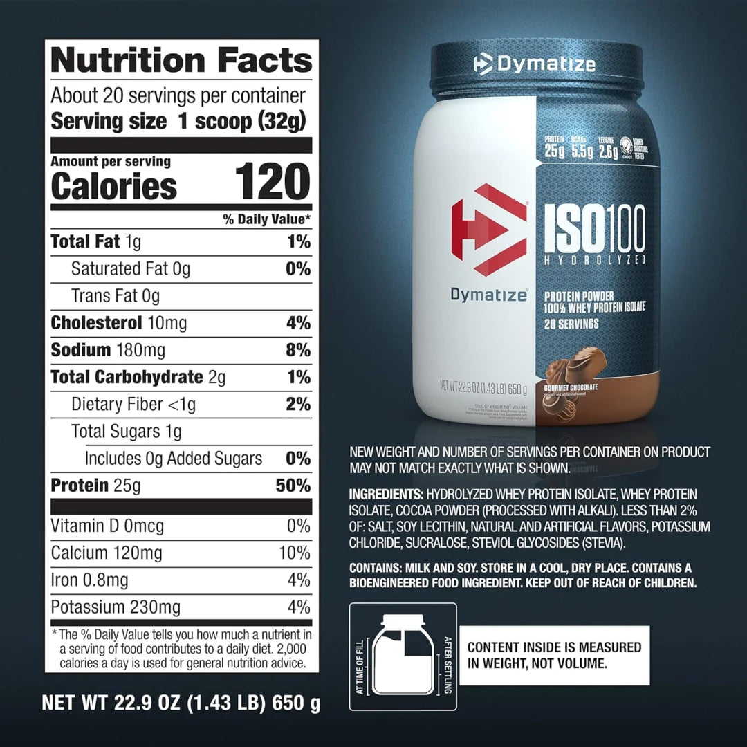 Dymatize, ISO100® Hydrolyzed, 100% Whey Protein Isolate, Gourmet Chocolate, 1.43 lb (650 g)