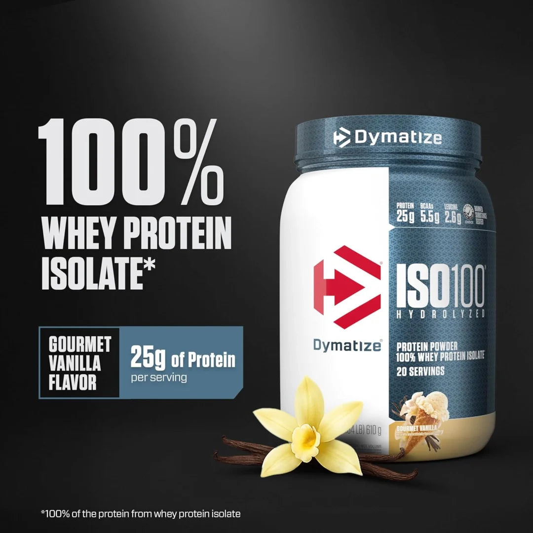 Dymatize, ISO100® Hydrolyzed, 100% Whey Protein Isolate, Gourmet Vanilla, 1.34 lb (610 g)
