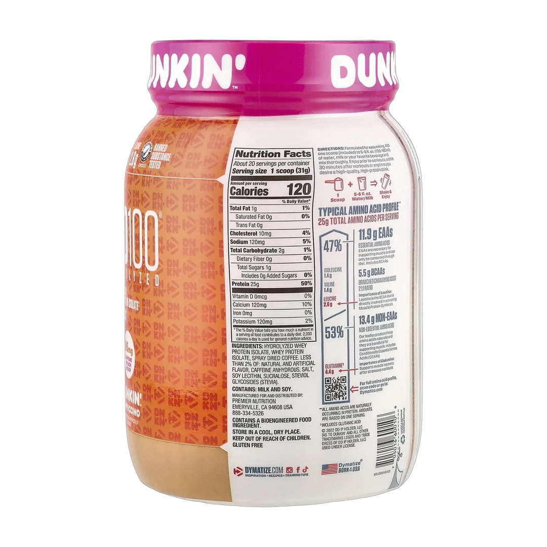 Dymatize, ISO100® Hydrolyzed, 100% Whey Protein Isolate, Dunkin’™ Cappuccino, 21.8 oz (610 g)