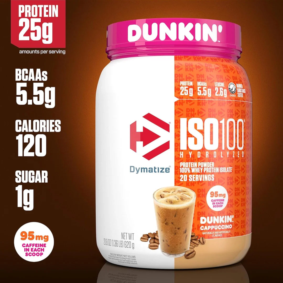 Dymatize, ISO100® Hydrolyzed, 100% Whey Protein Isolate, Dunkin’™ Cappuccino, 21.8 oz (610 g)