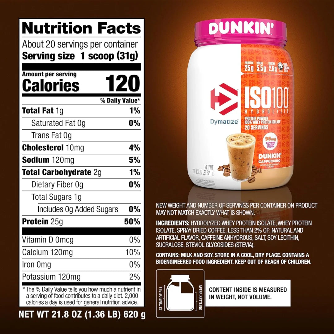 Dymatize, ISO100® Hydrolyzed, 100% Whey Protein Isolate, Dunkin’™ Cappuccino, 21.8 oz (610 g)