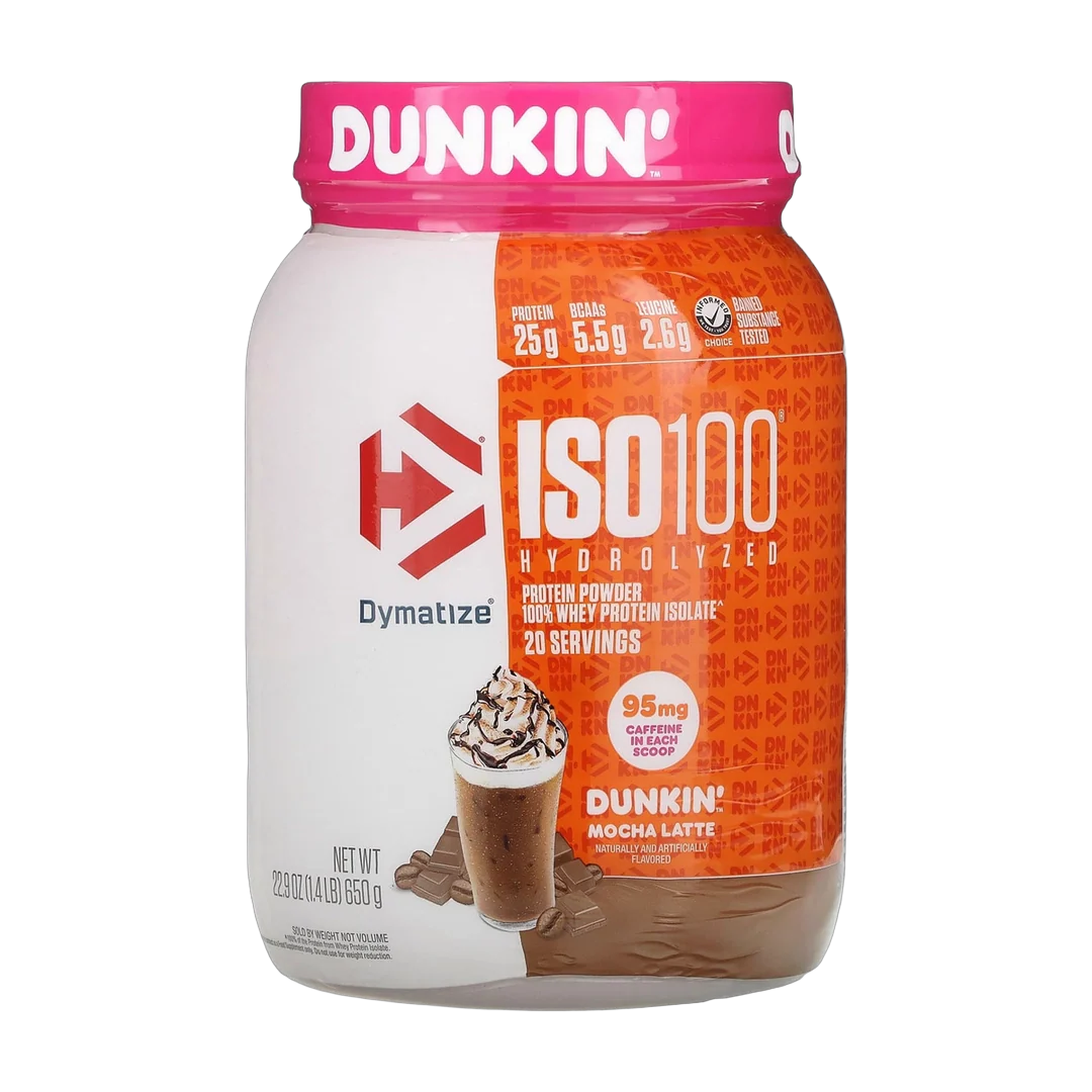 Dymatize, ISO100® Hydrolyzed, 100% Whey Protein Isolate, Dunkin’ Mocha Latte, 1.4 lb (650 g)