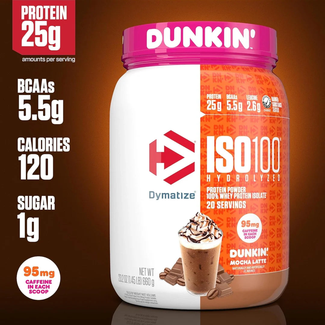 Dymatize, ISO100® Hydrolyzed, 100% Whey Protein Isolate, Dunkin’ Mocha Latte, 1.4 lb (650 g)