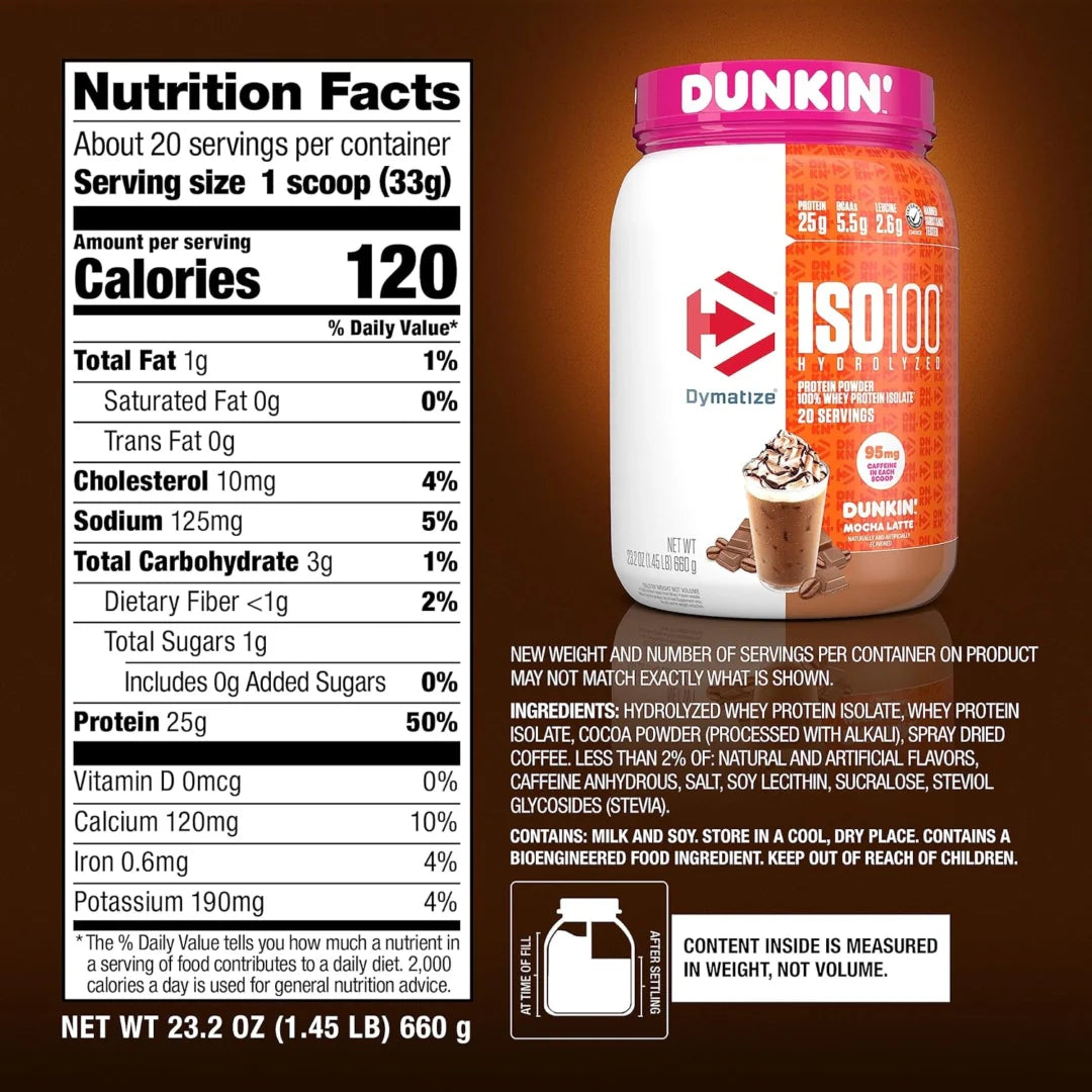 Dymatize, ISO100® Hydrolyzed, 100% Whey Protein Isolate, Dunkin’ Mocha Latte, 1.4 lb (650 g)