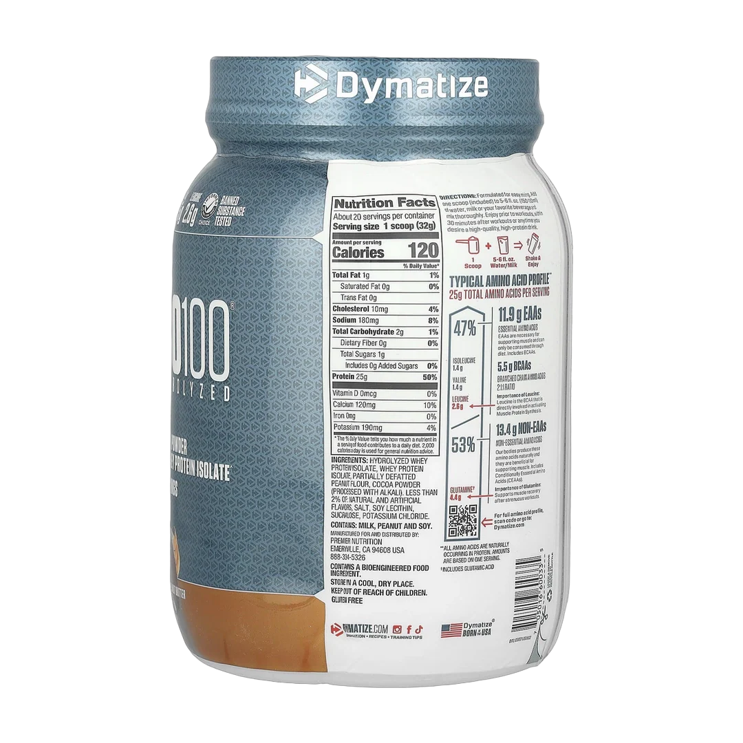 Dymatize, ISO100® Hydrolyzed, 100% Whey Protein Isolate, Chocolate Peanut Butter, 1.43 lb (650 g)