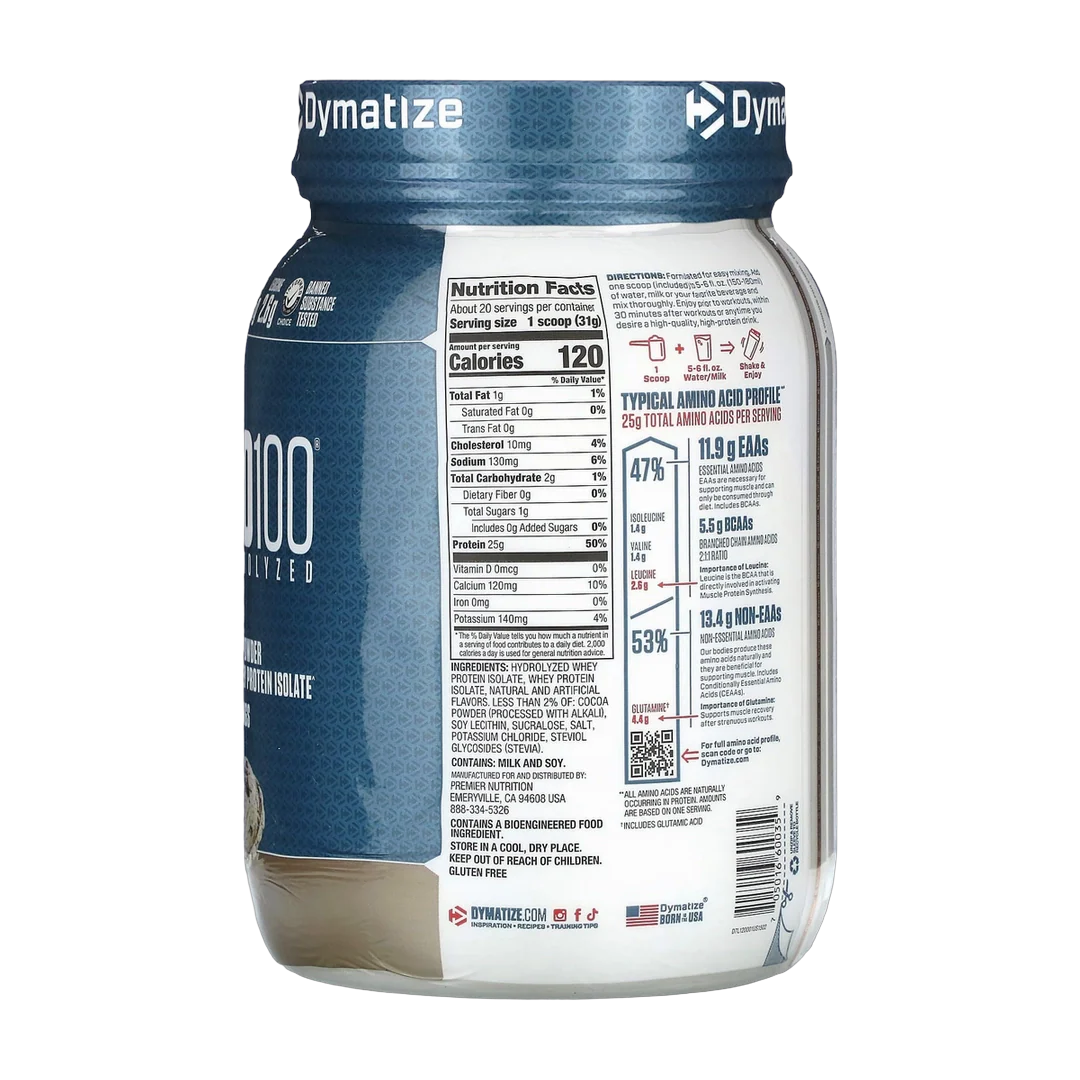 Dymatize, ISO100® Hydrolyzed, 100% Whey Protein Isolate, Cookies & Cream, 1.36 lb (620 g)