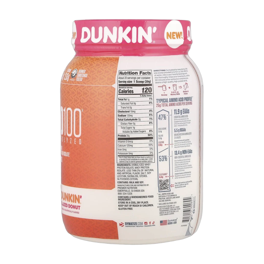 Dymatize, ISO100® Hydrolyzed, 100% Whey Protein Isolate, Dunkin® Glazed Donut, 1.34 lb (610 g)