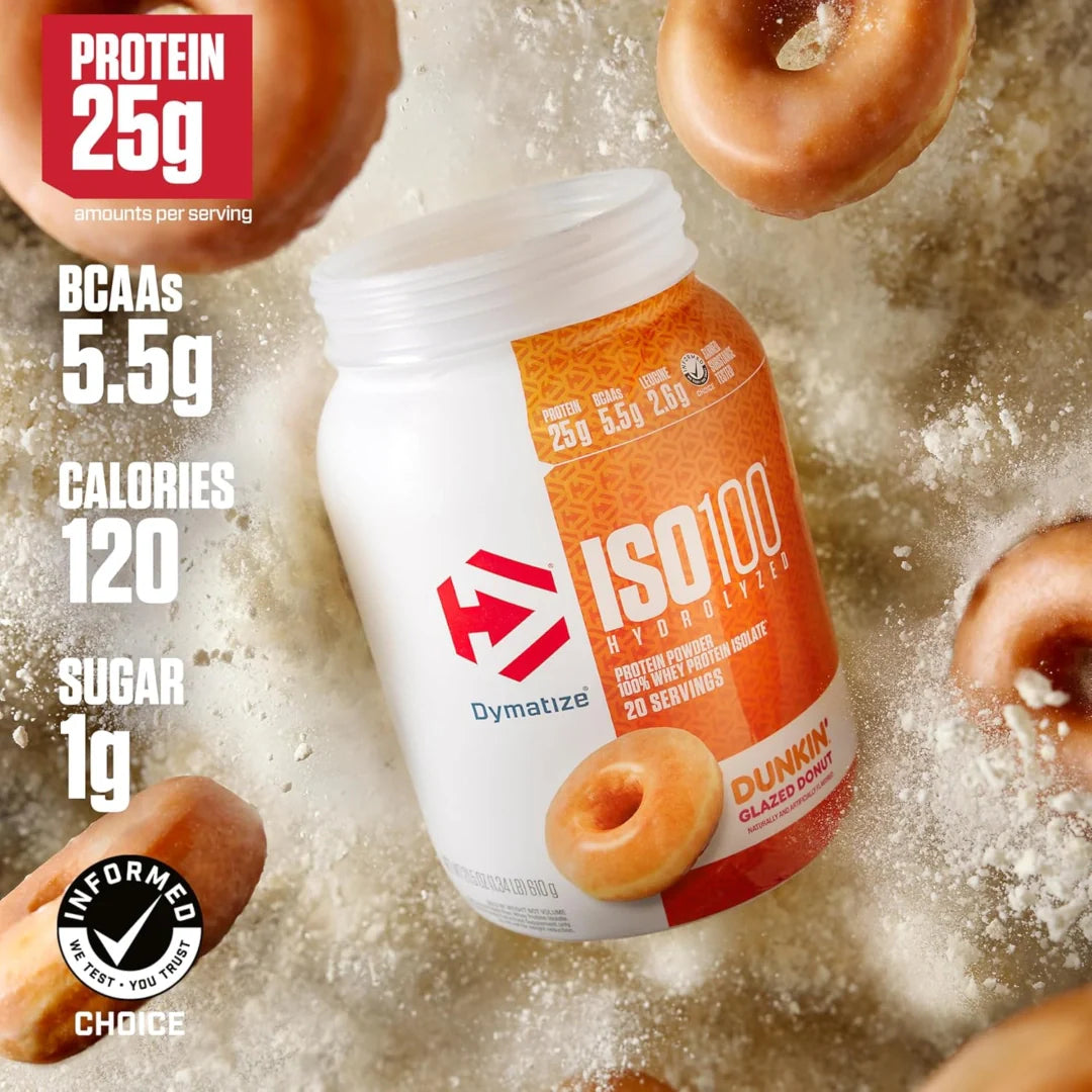 Dymatize, ISO100® Hydrolyzed, 100% Whey Protein Isolate, Dunkin® Glazed Donut, 1.34 lb (610 g)