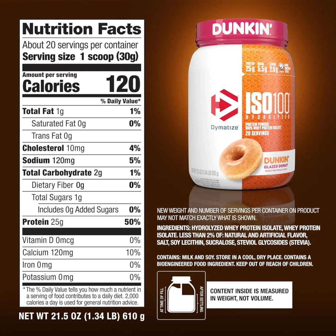 Dymatize, ISO100® Hydrolyzed, 100% Whey Protein Isolate, Dunkin® Glazed Donut, 1.34 lb (610 g)