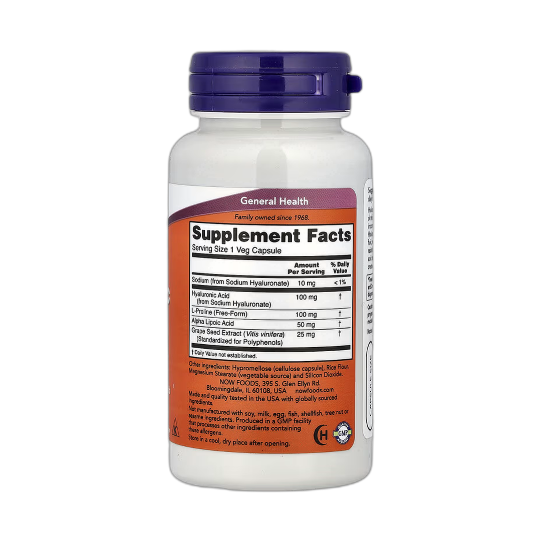 NOW Foods, Hyaluronic Acid With L-Proline, Alpha Lipoic Acid and Grape Seed Extract, 100 mg, 60 Veg Capsules