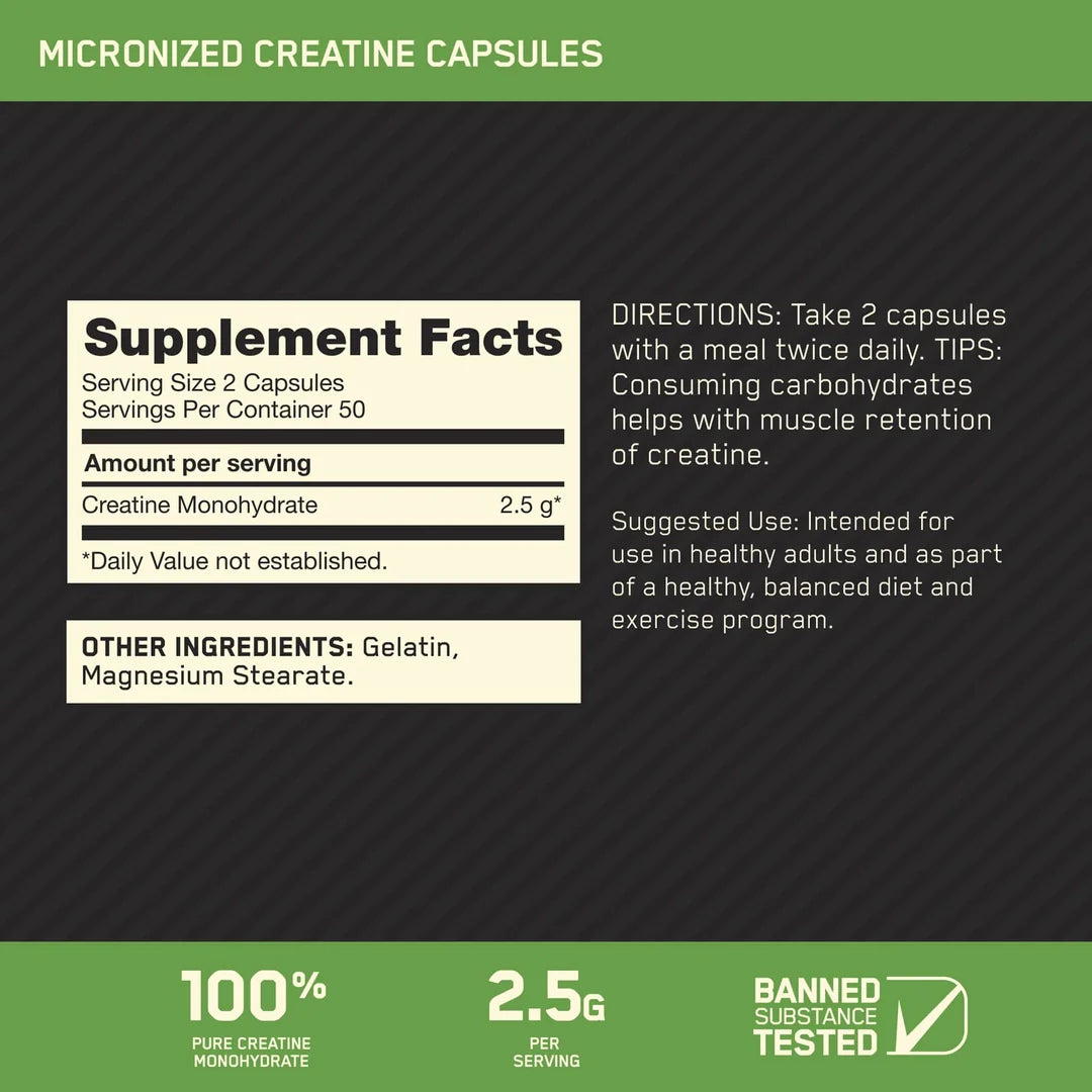 Optimum Nutrition, Micronized Creatine Capsules, 100 Capsules (1.25 g per Capsule )