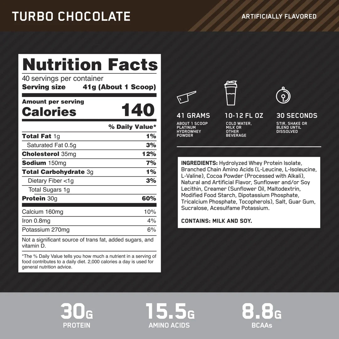 Optimum Nutrition, Platinum Hydro Whey®, Turbo Chocolate, 3.61 lb (1.64 kg)
