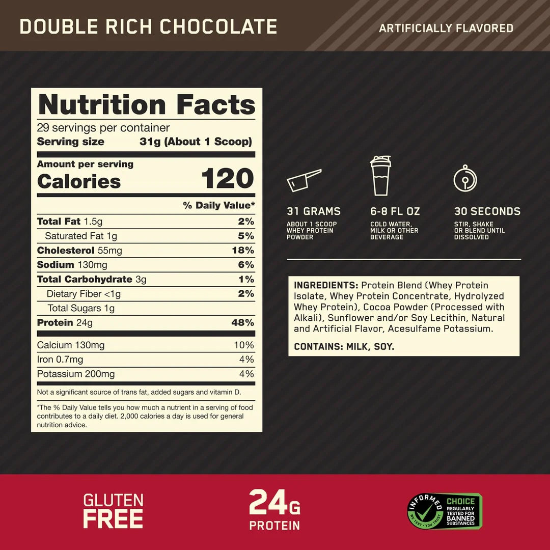 Optimum Nutrition, Gold Standard® 100% Whey Protein, Double Rich Chocolate, 1.98 lb (899 g)