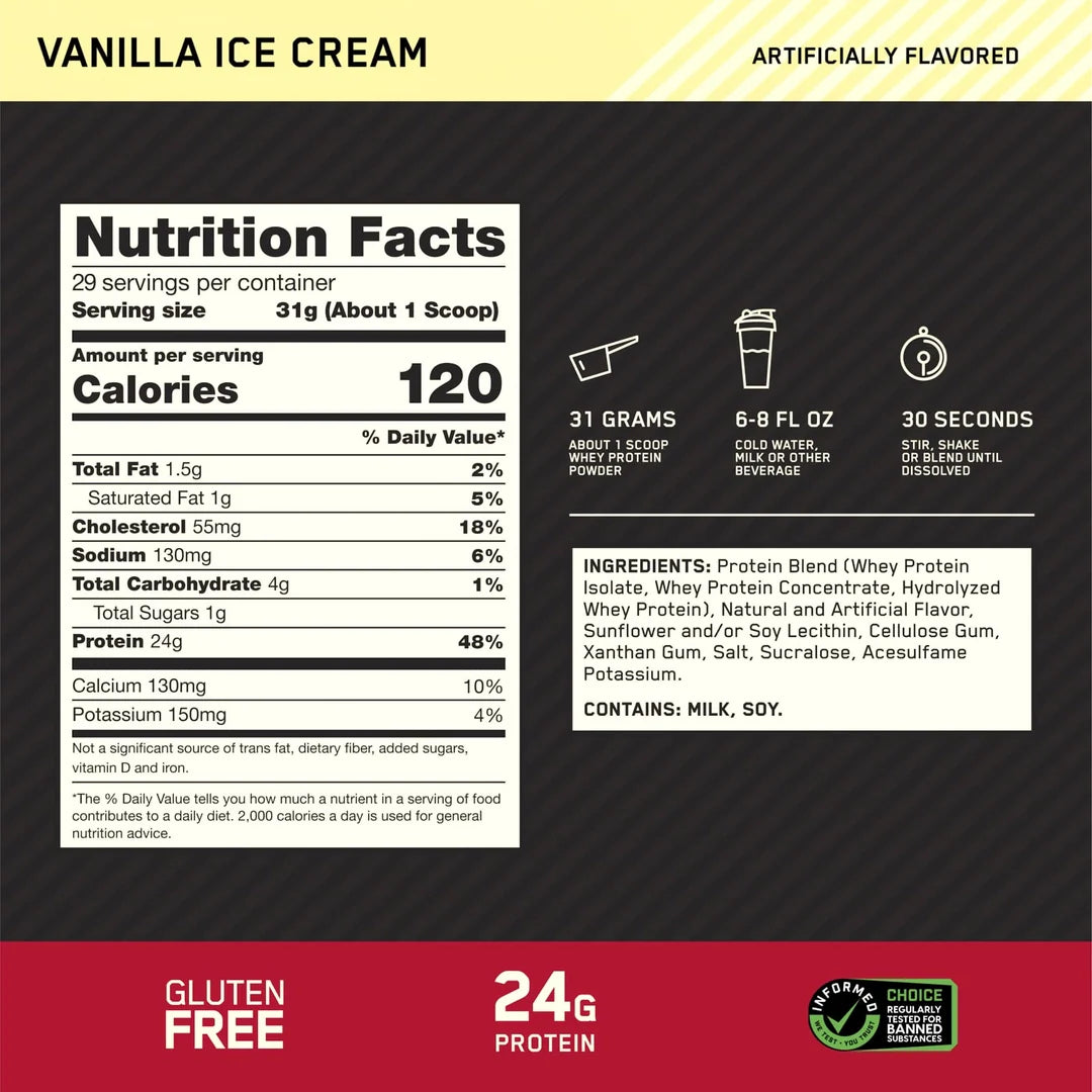 Optimum Nutrition, Gold Standard® 100% Whey, Vanilla Ice Cream, 1.98 lb (899 g)